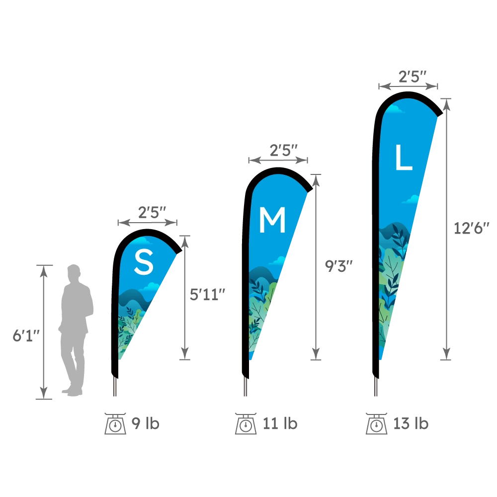 Size Chart for S, M, and L Raindrop Flags