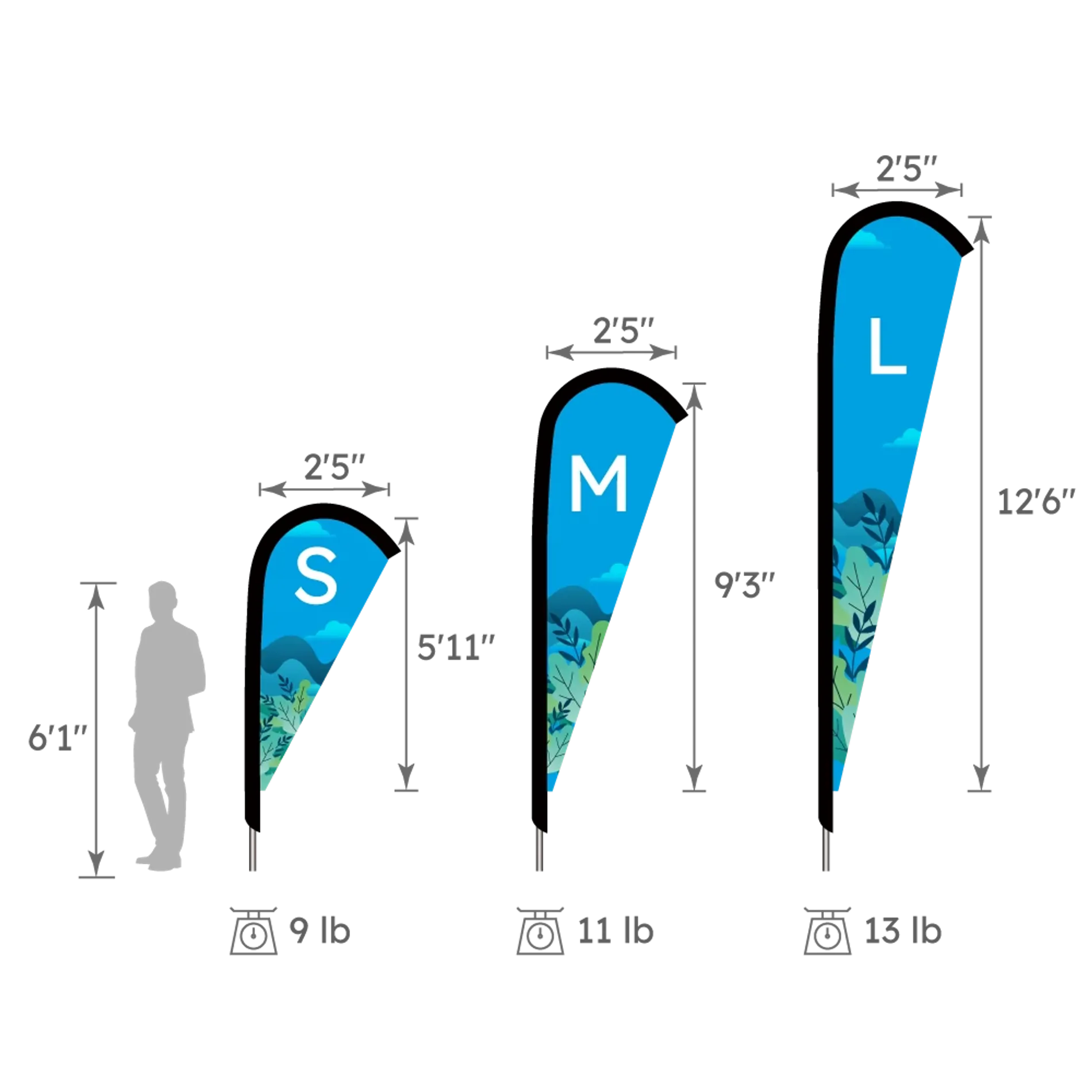 Size Chart for S, M, and L Raindrop Flags
