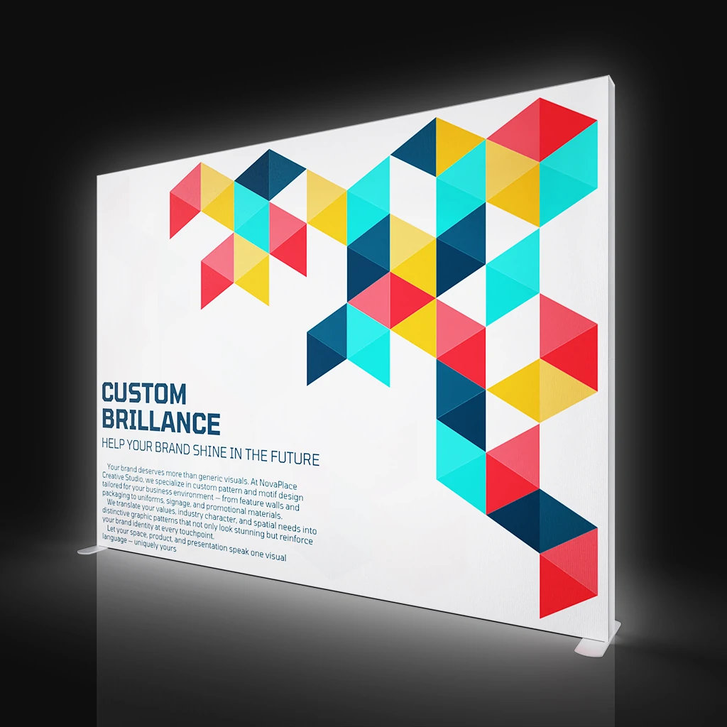 Top-view custom display wall with colorful geometric triangles on white background, ideal for brand promotion and trade shows.