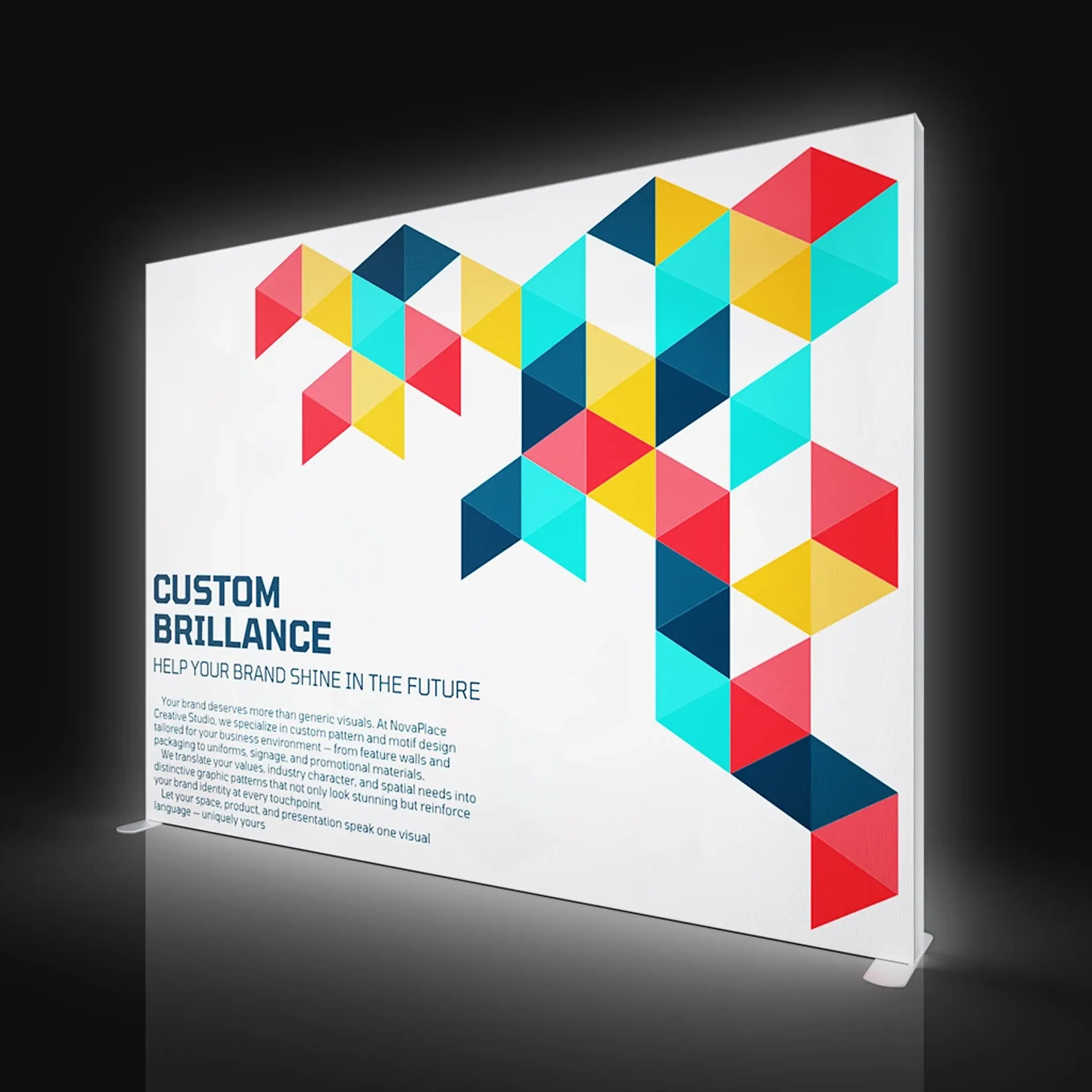 Top-view custom display wall with colorful geometric triangles on white background, ideal for brand promotion and trade shows.