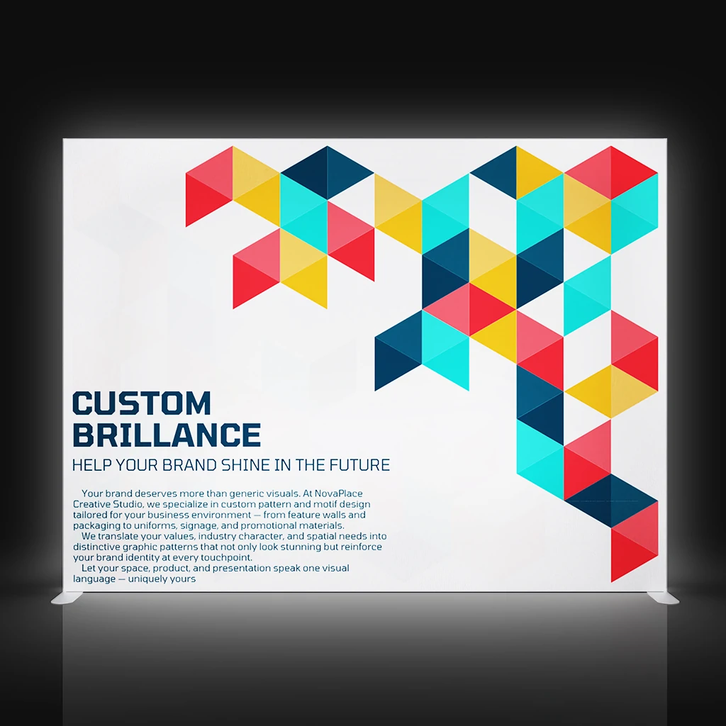 Front-facing view of a white display wall featuring colorful triangle patterns for exhibition use.