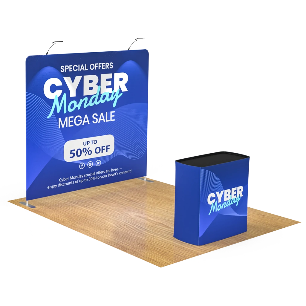 8FT Straight Tension Fabric Display with Podium and 2 LED Lights