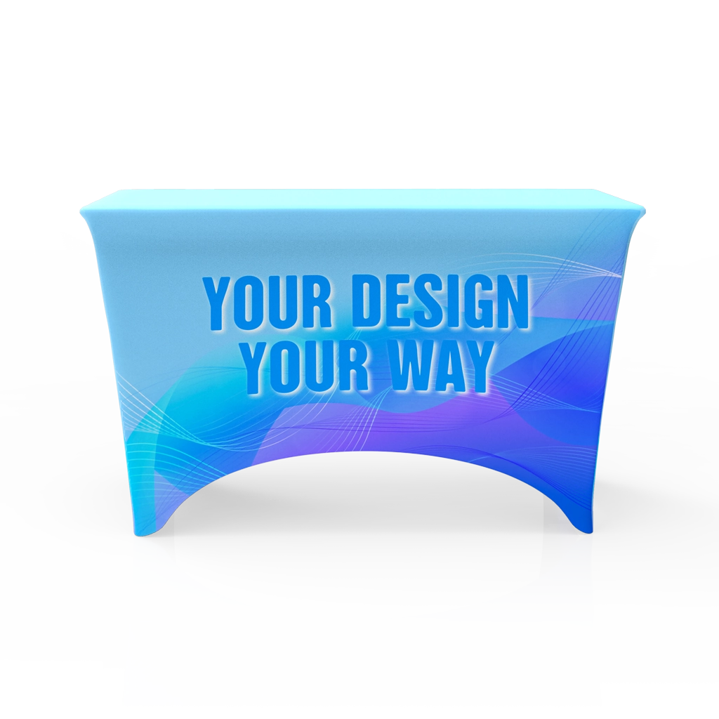 Front view of a 4FT stretch table cover in blue gradient, tightly fitted with smooth rounded edges.