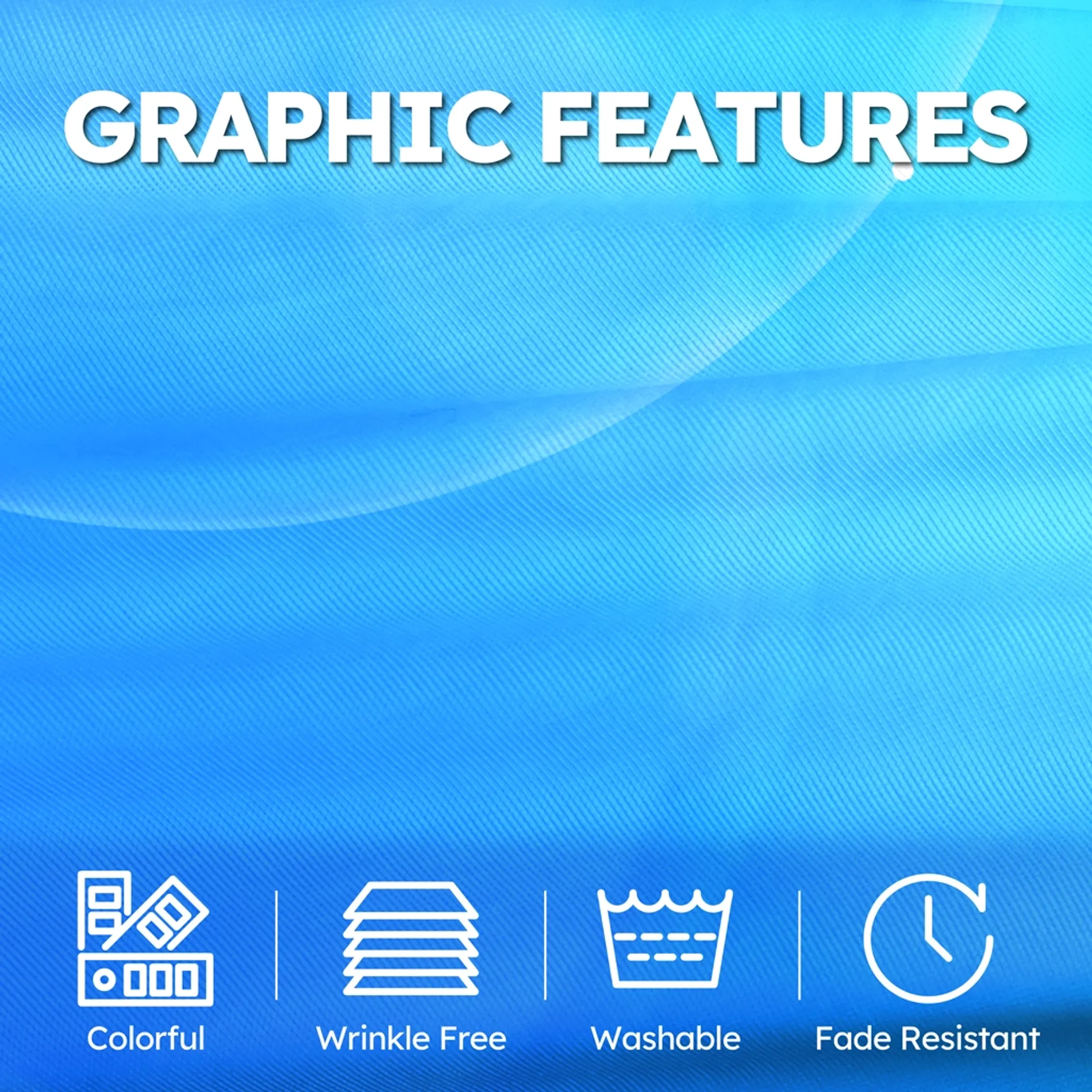 Graphic fabric features showing colorful print, wrinkle-free material, washable fabric, and fade-resistant performance on a blue textured background.
