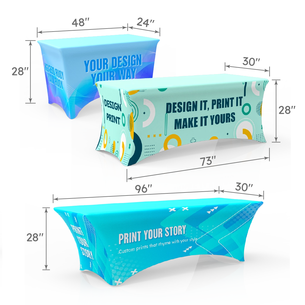 Set of stretch table covers in 4FT, 6FT, and 8FT sizes, displayed with dimensions 48×24×28 inches, 73×30×28 inches, and 96×30×28 inches.