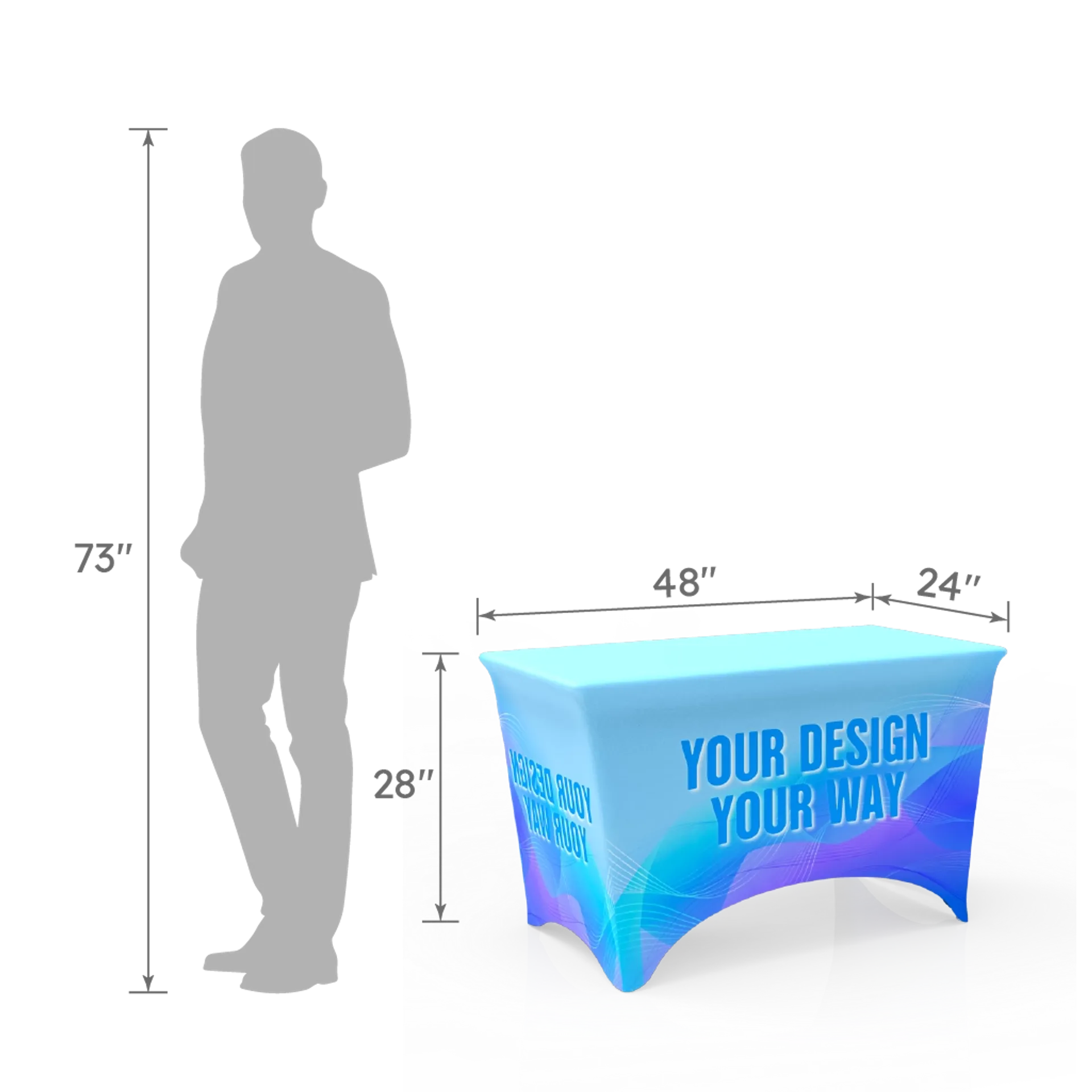 4FT stretch table cover with custom print, shown on a 48×24×28 inch table. Includes a 73-inch human silhouette for scale.