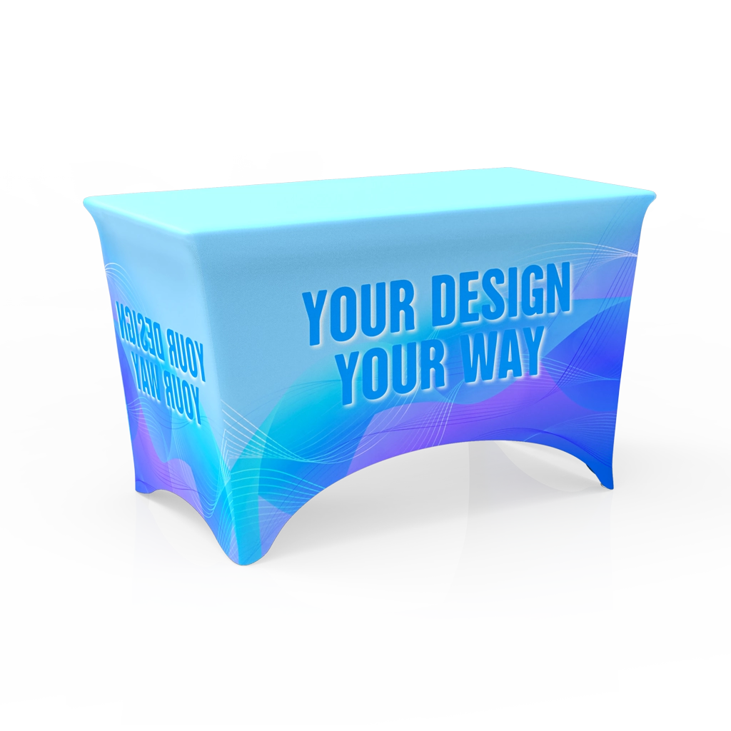 Side view of a 4FT stretch table cover in a blue gradient design, tightly fitted around the table with smooth, curved edges.