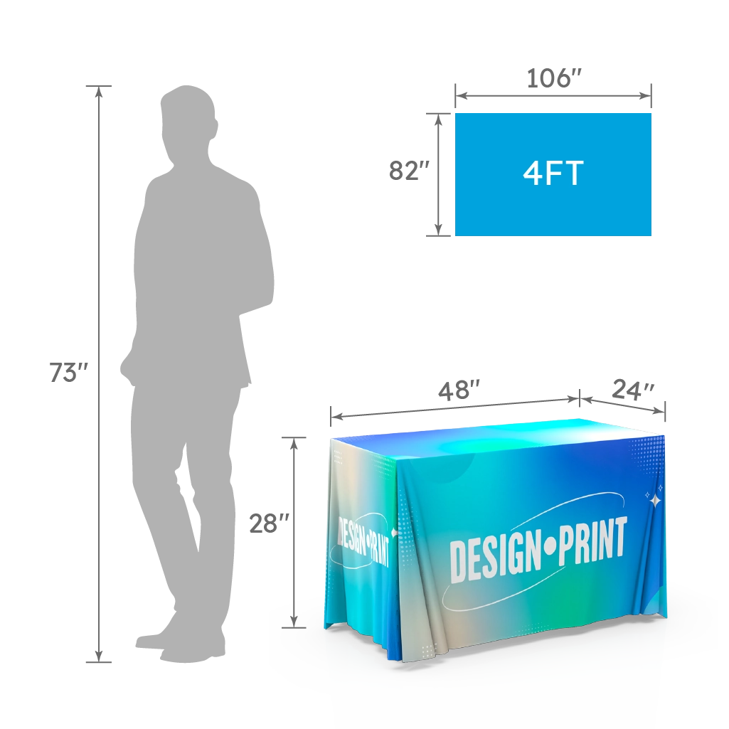 6FT table throw size chart with human silhouette showing 73-inch height and table dimensions 73×30×28 inches.