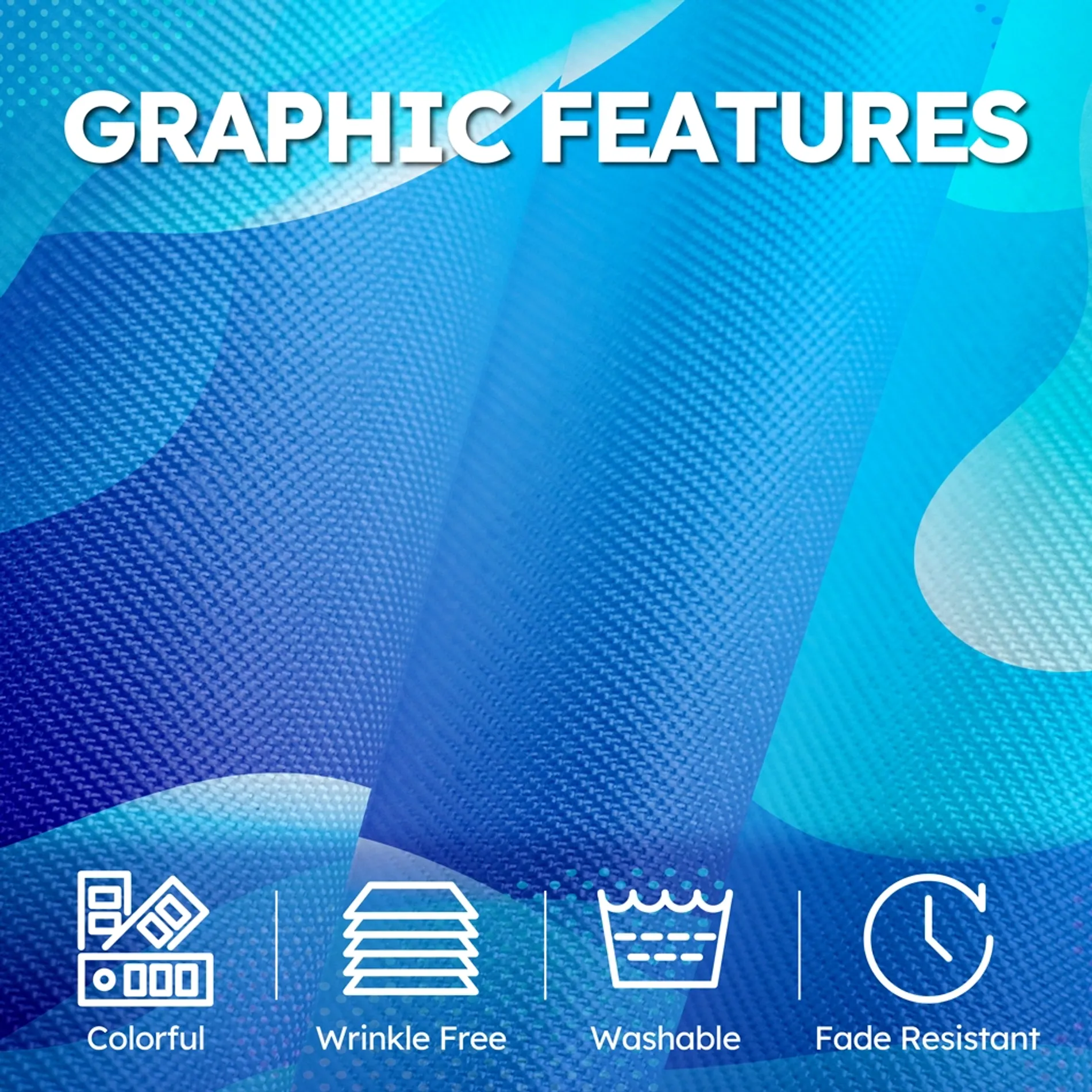 Fabric graphic features including colorful print, wrinkle-free material, washable fabric, and fade-resistant performance.