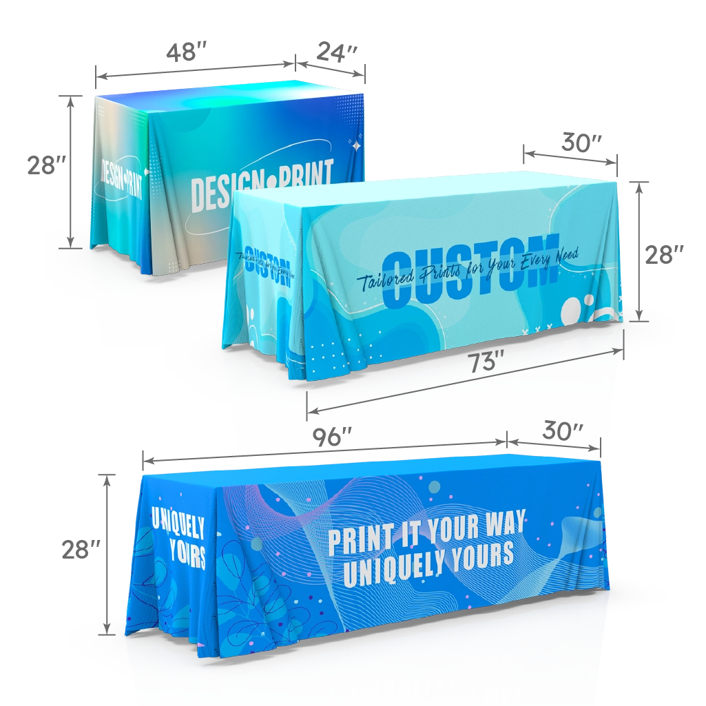Display of multiple table throws in 4FT, 6FT, and 8FT sizes with labeled dimensions: 48×24×28 in, 73×30×28 in, 96×30×28 in.