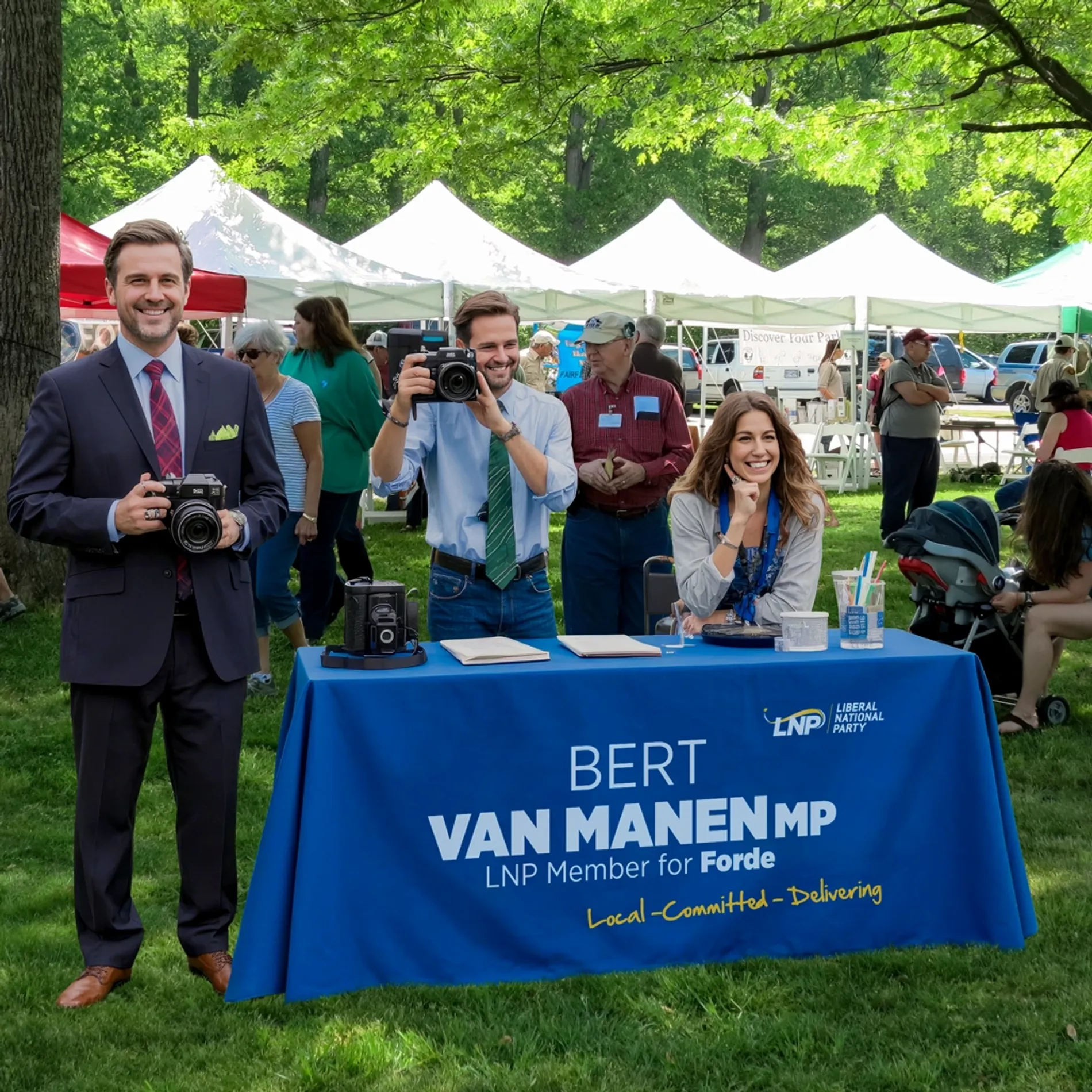 6FT table throw displayed at an outdoor event, with a blue printed cover used for promotional purposes.