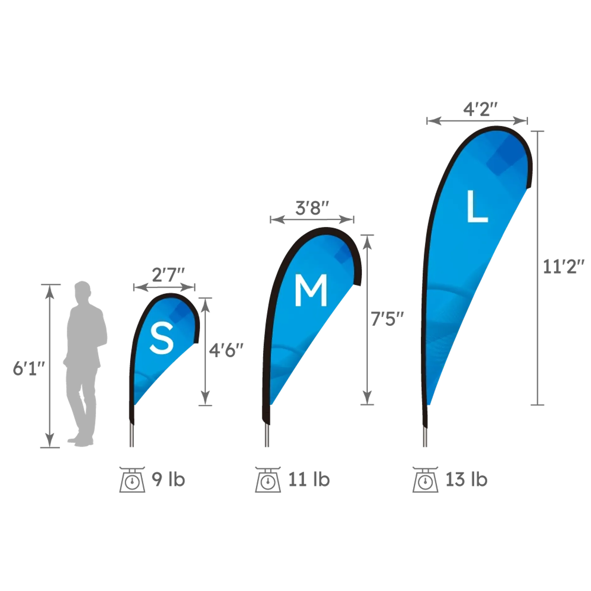 Size Chart for S, M, and L Teardrop Flags