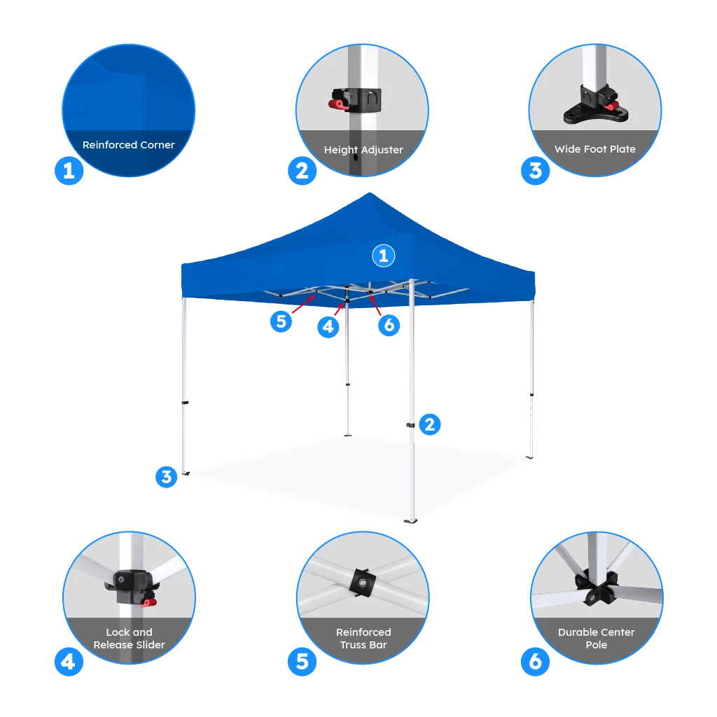pop up tent center mast lock and corner slider mechanism close up