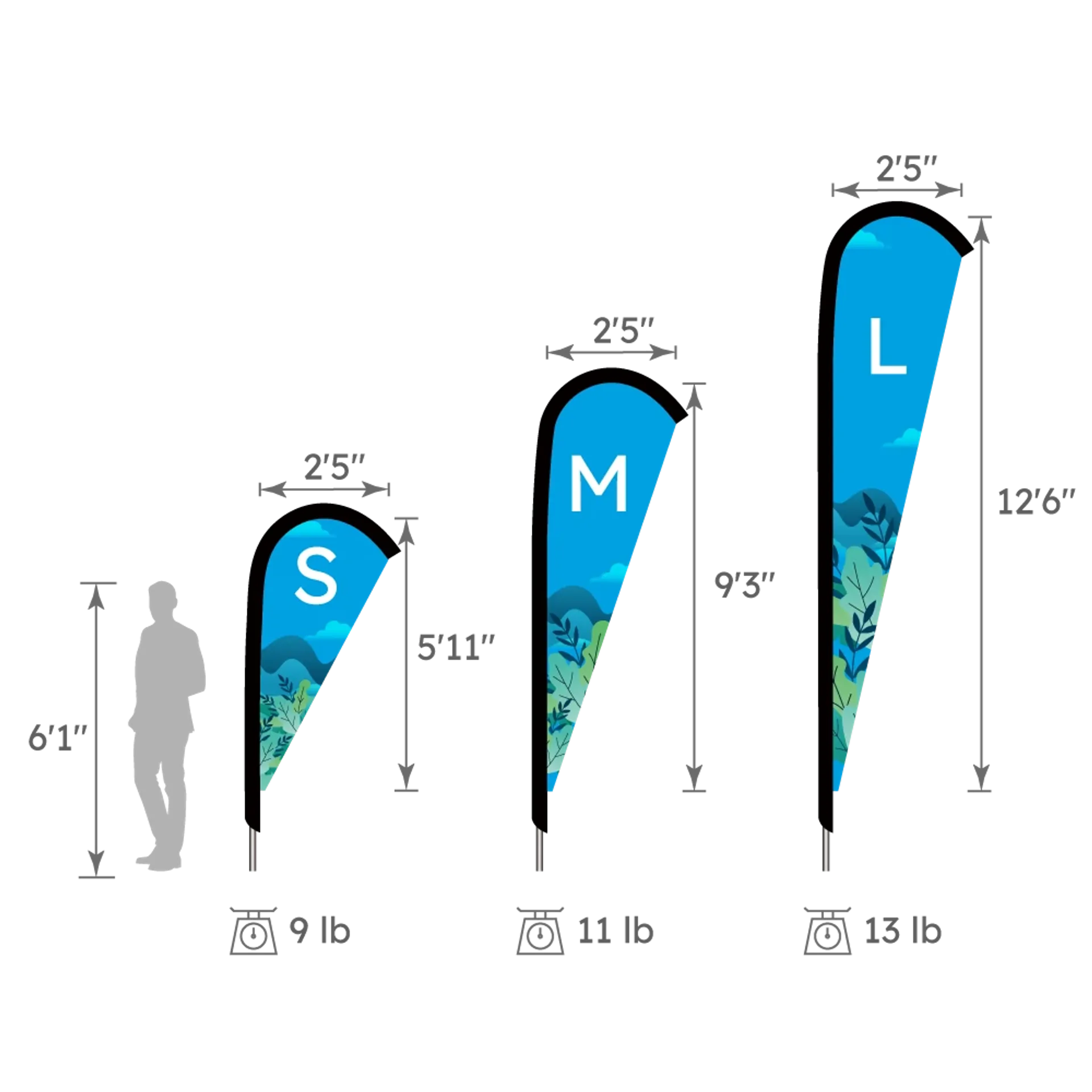 Size Chart for S, M, and L Raindrop Flags