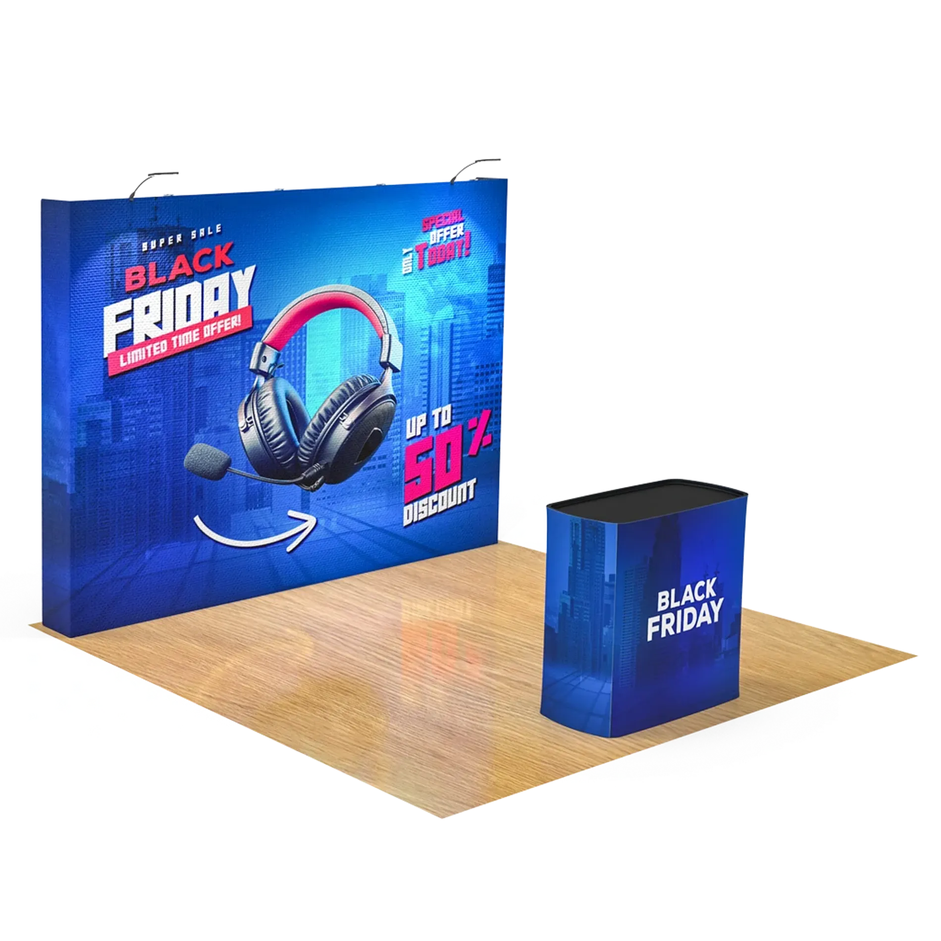 10FT Straight Pop Up Display + Podium + 2 LED Lights