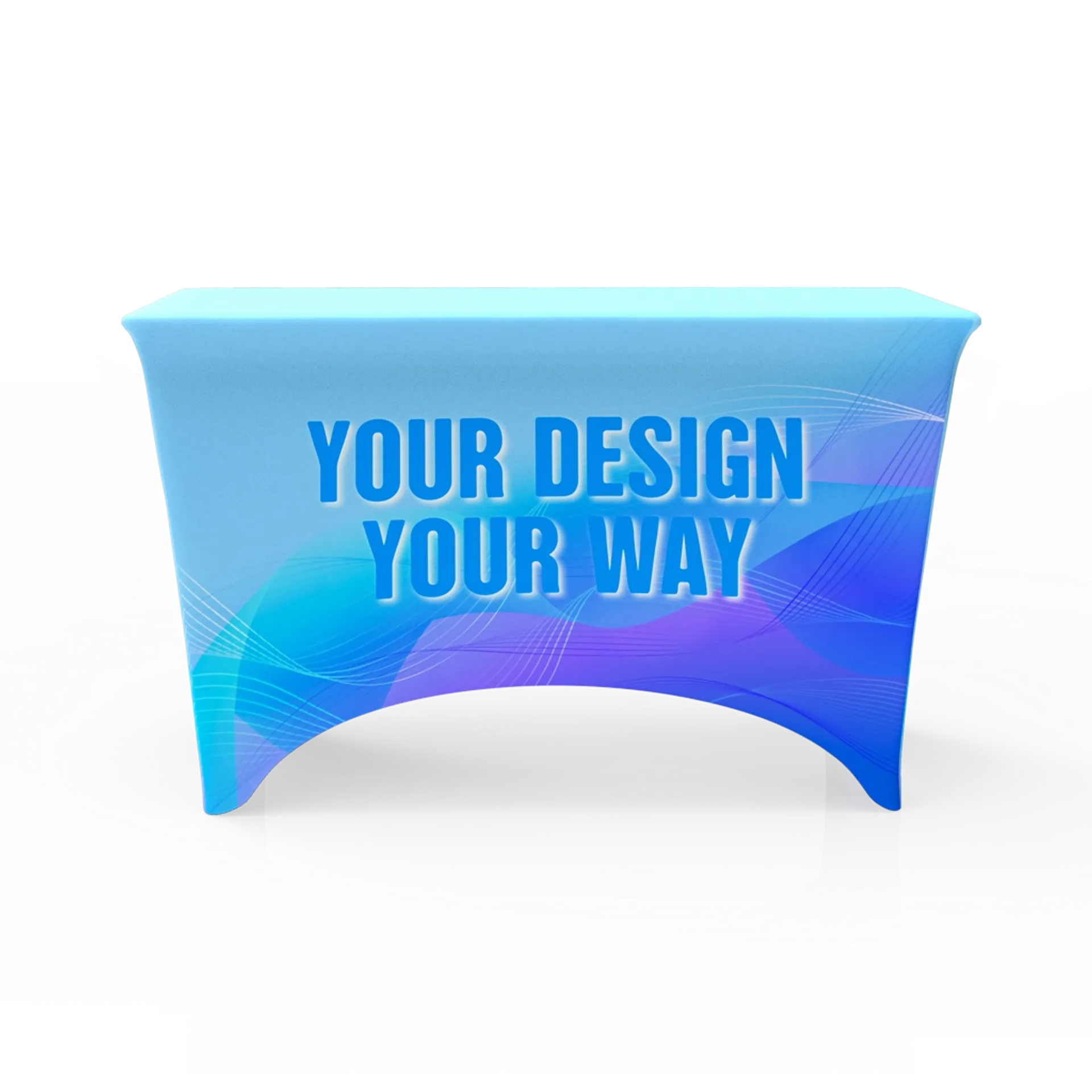 Front view of a 4FT stretch table cover in blue gradient, tightly fitted with smooth rounded edges.