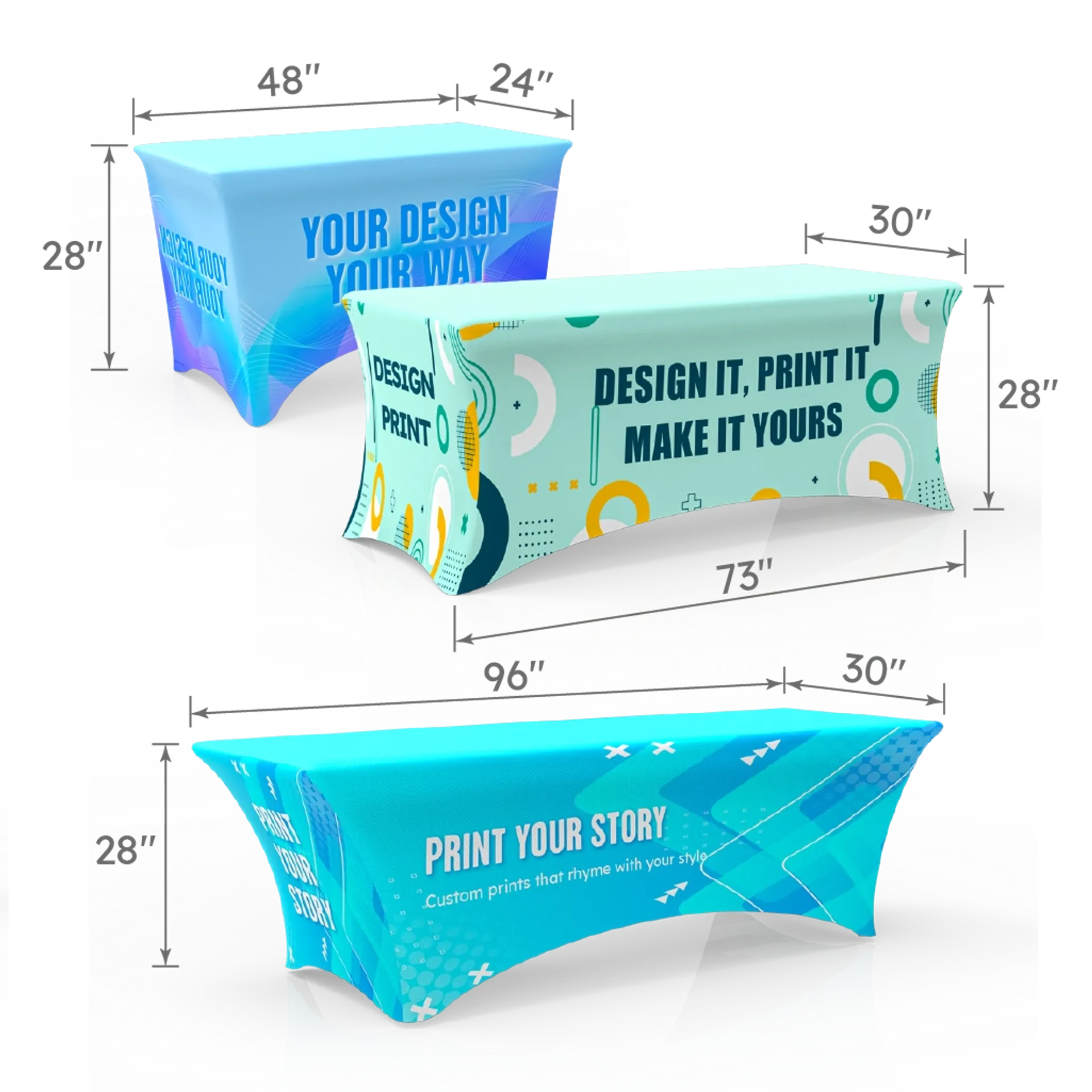 Set of stretch table covers in 4FT, 6FT, and 8FT sizes, displayed with dimensions 48×24×28 inches, 73×30×28 inches, and 96×30×28 inches.