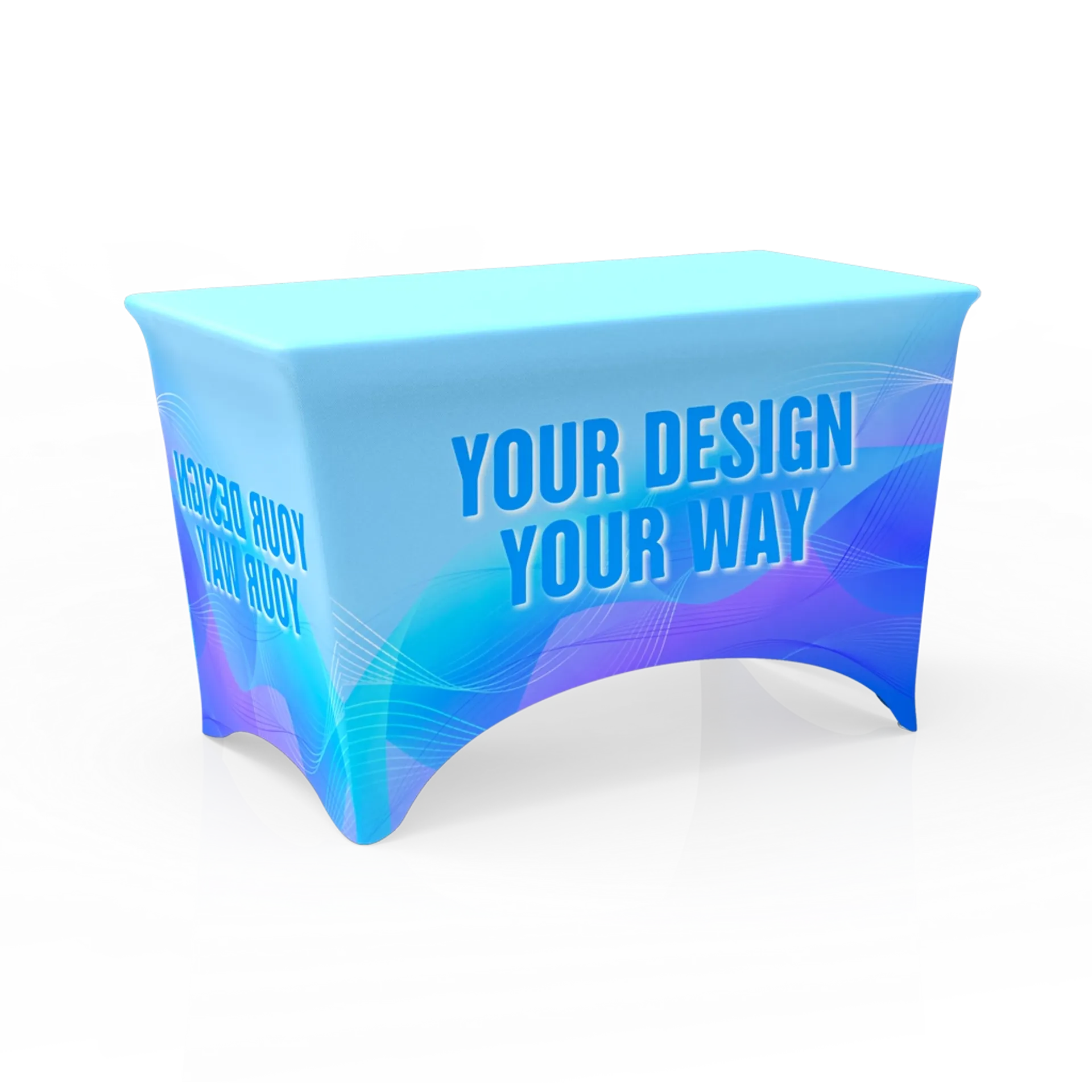 Side view of a 4FT stretch table cover in a blue gradient design, tightly fitted around the table with smooth, curved edges.