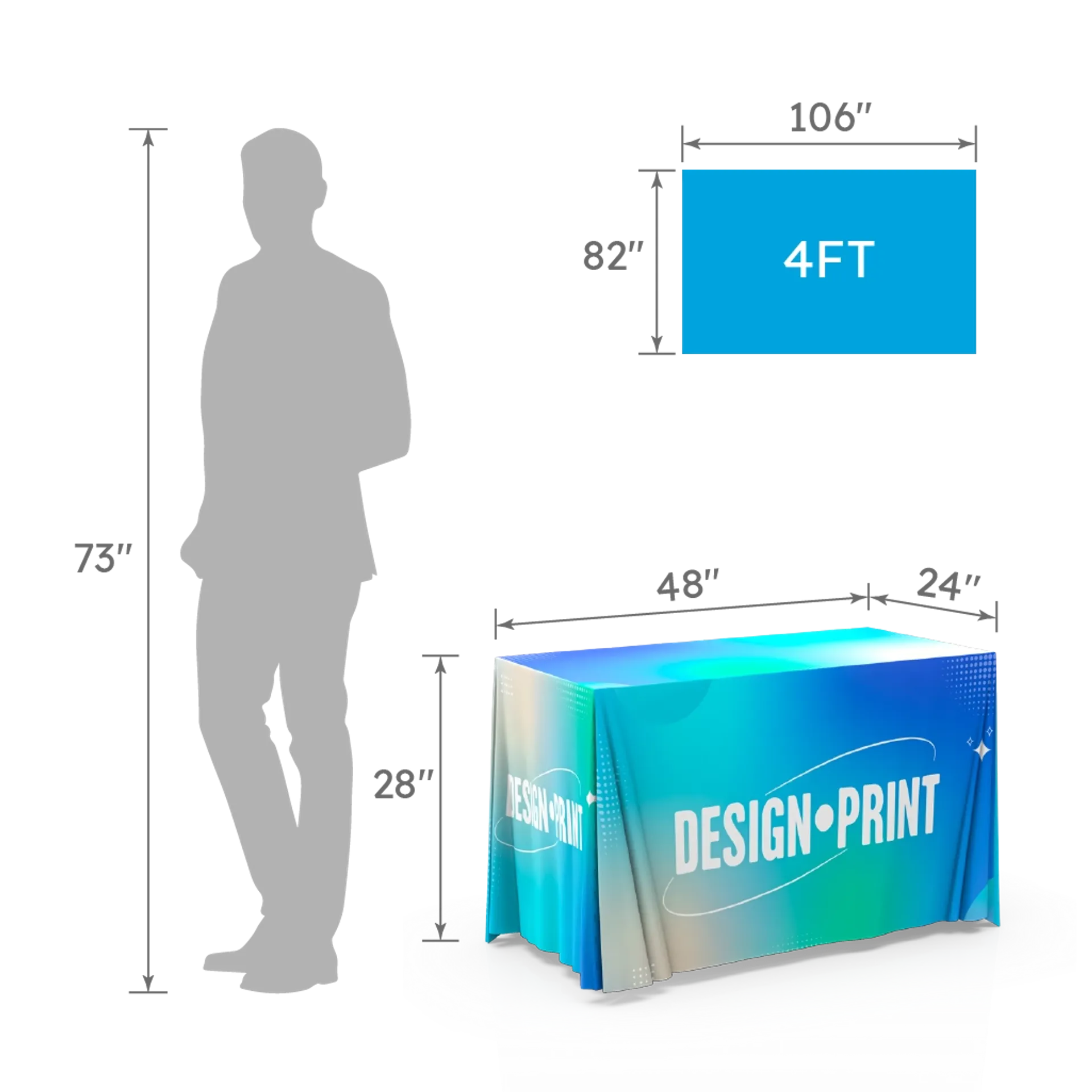 6FT table throw size chart with human silhouette showing 73-inch height and table dimensions 73×30×28 inches.