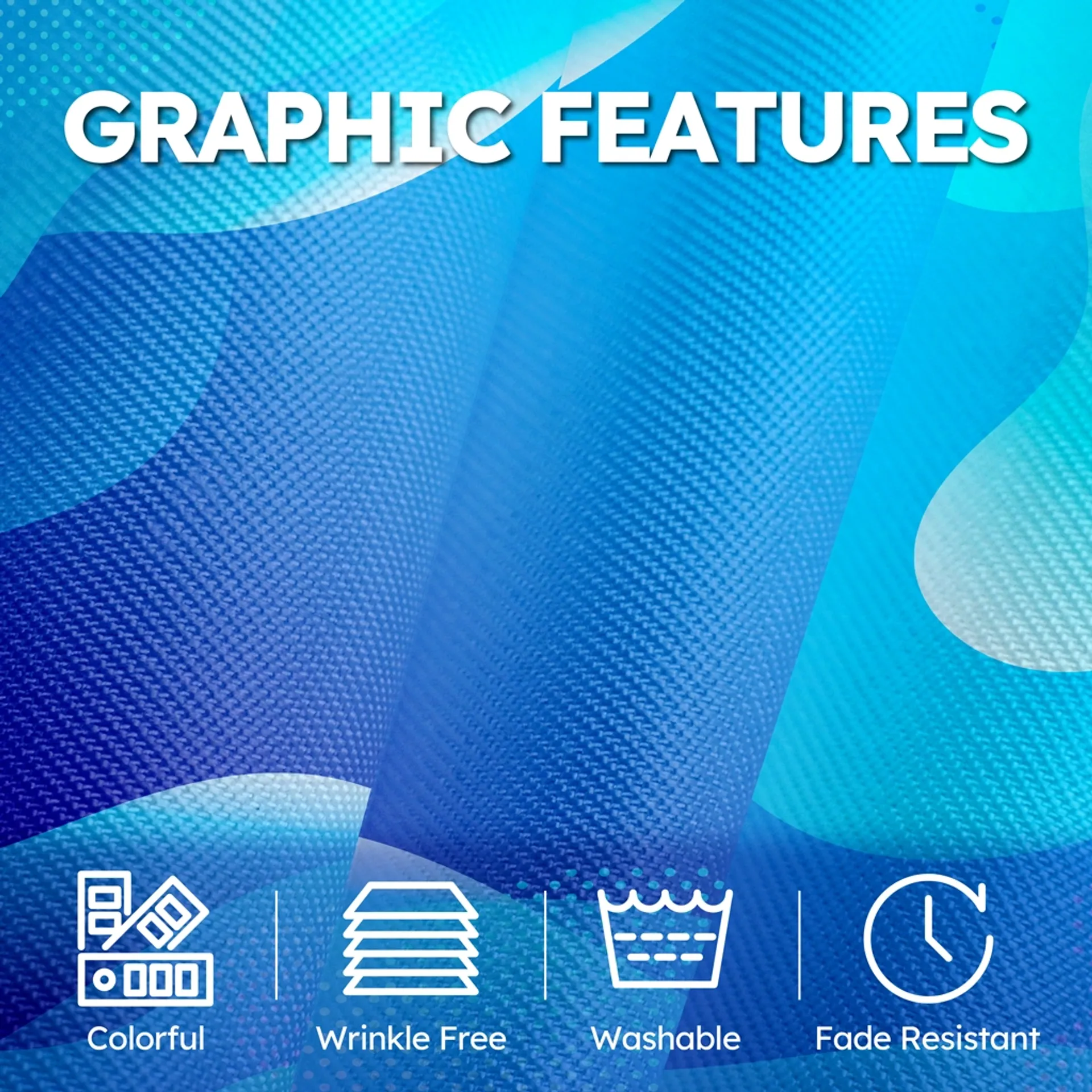 Fabric graphic features including colorful print, wrinkle-free material, washable fabric, and fade-resistant performance.