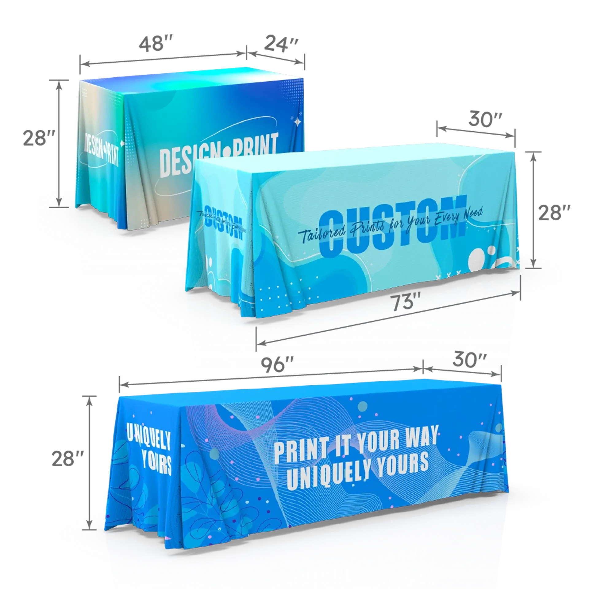 Display of multiple table throws in 4FT, 6FT, and 8FT sizes with labeled dimensions: 48×24×28 in, 73×30×28 in, 96×30×28 in.