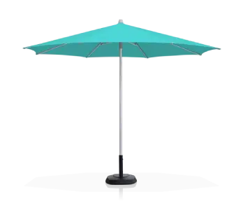 A blue-green push-up patio umbrella for outdoors