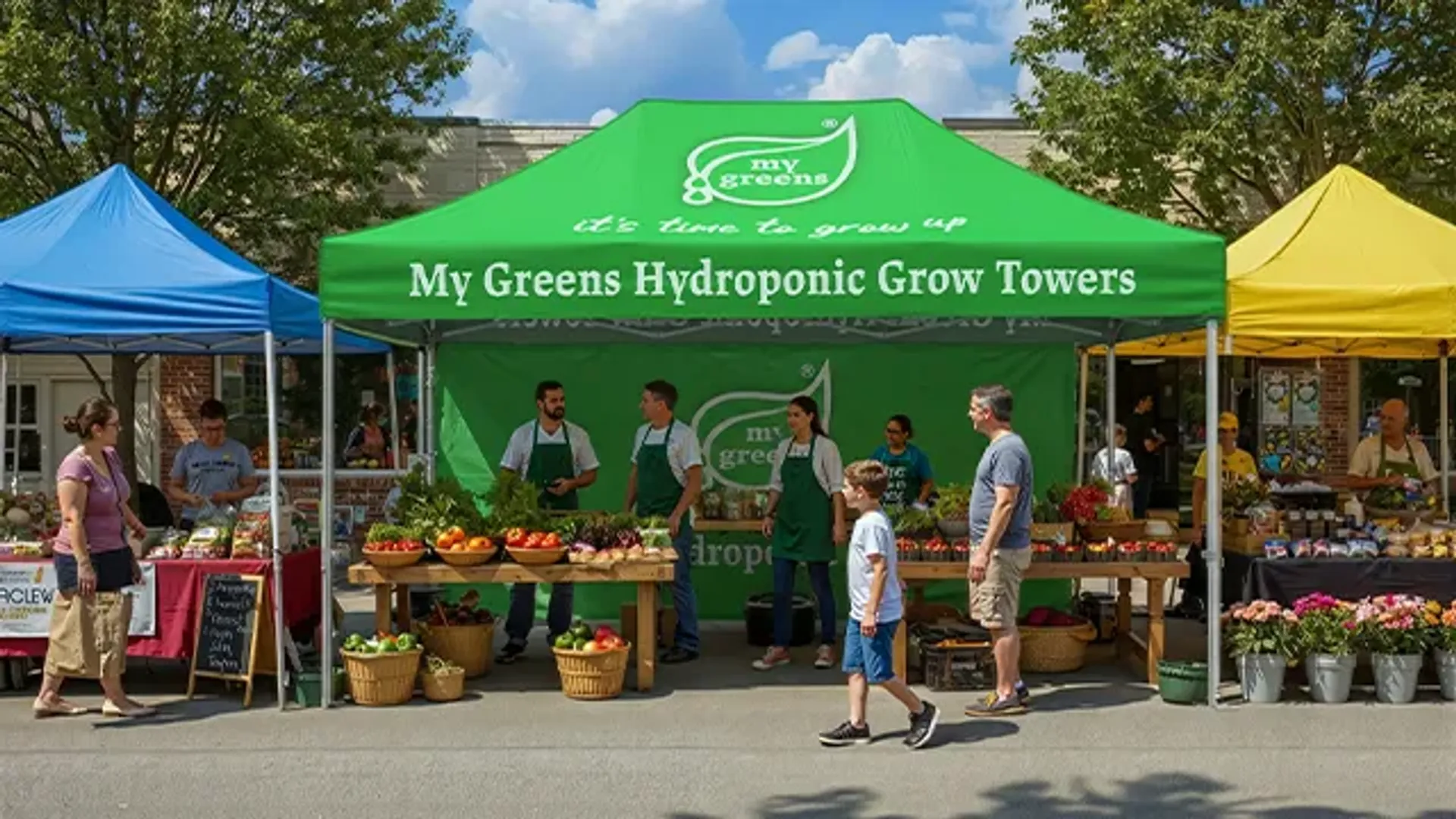 A branded green pop-up tent for "My Greens Hydroponic Grow Towers" at a bustling farmer's market, where vendors are selling fresh vegetables and produce.