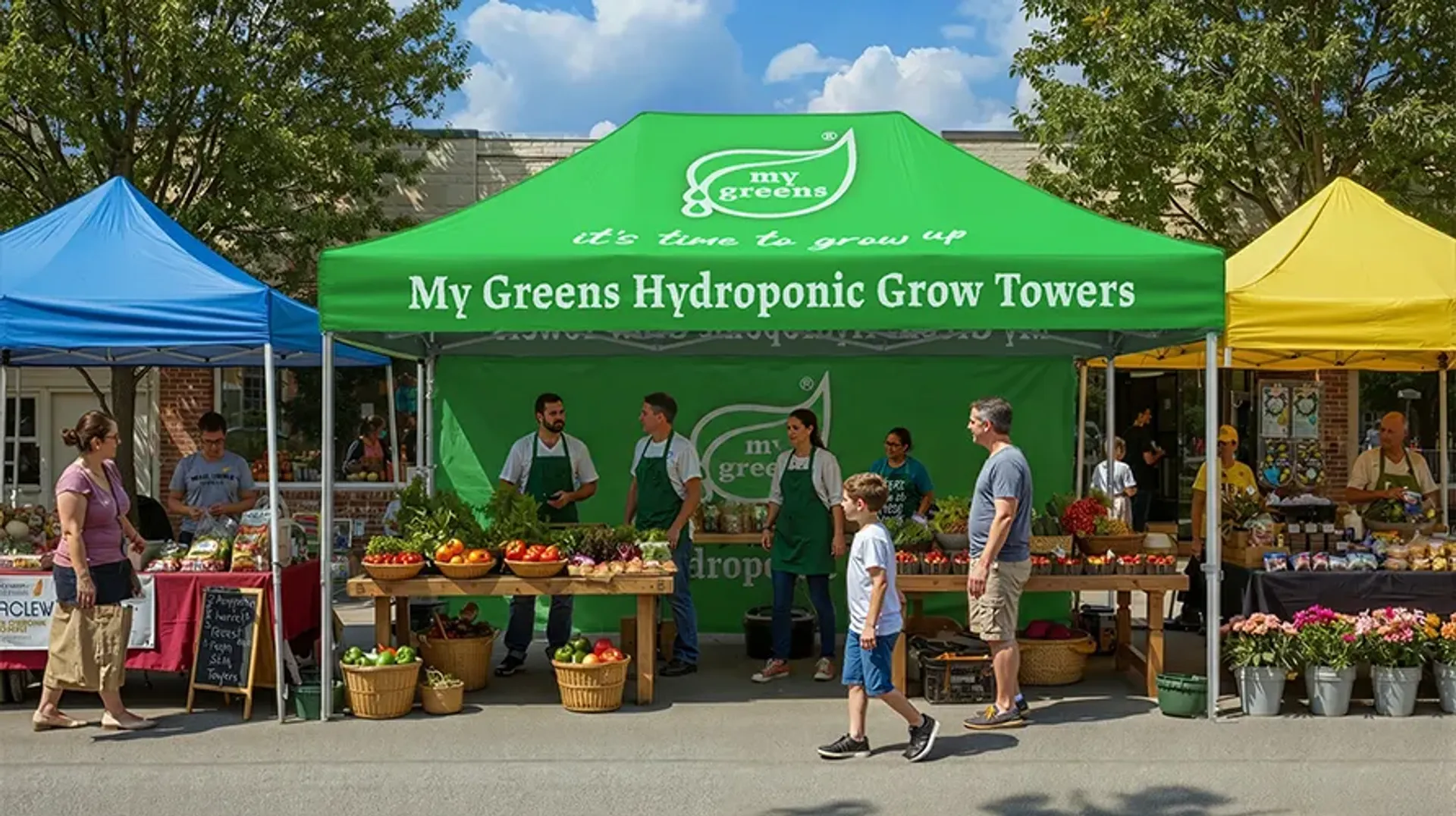 A branded green pop-up tent for "My Greens Hydroponic Grow Towers" at a bustling farmer's market, where vendors are selling fresh vegetables and produce.