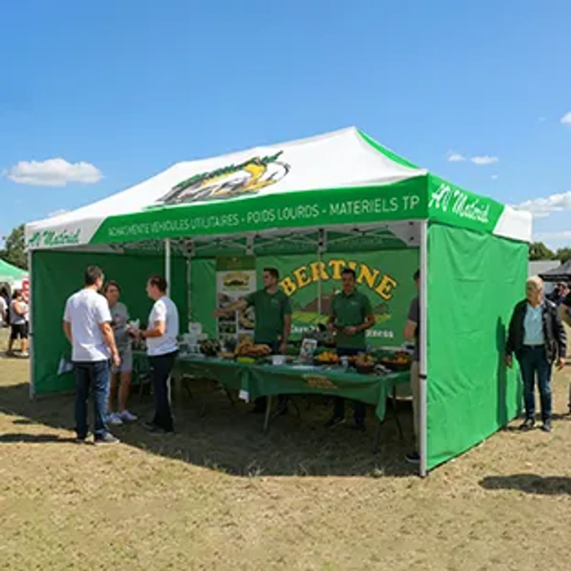 A green and white custom canopy tent set up at an outdoor agricultural fair, operating as an exhibition booth for the brand "Albertine" where staff are displaying products on a table to attendees.