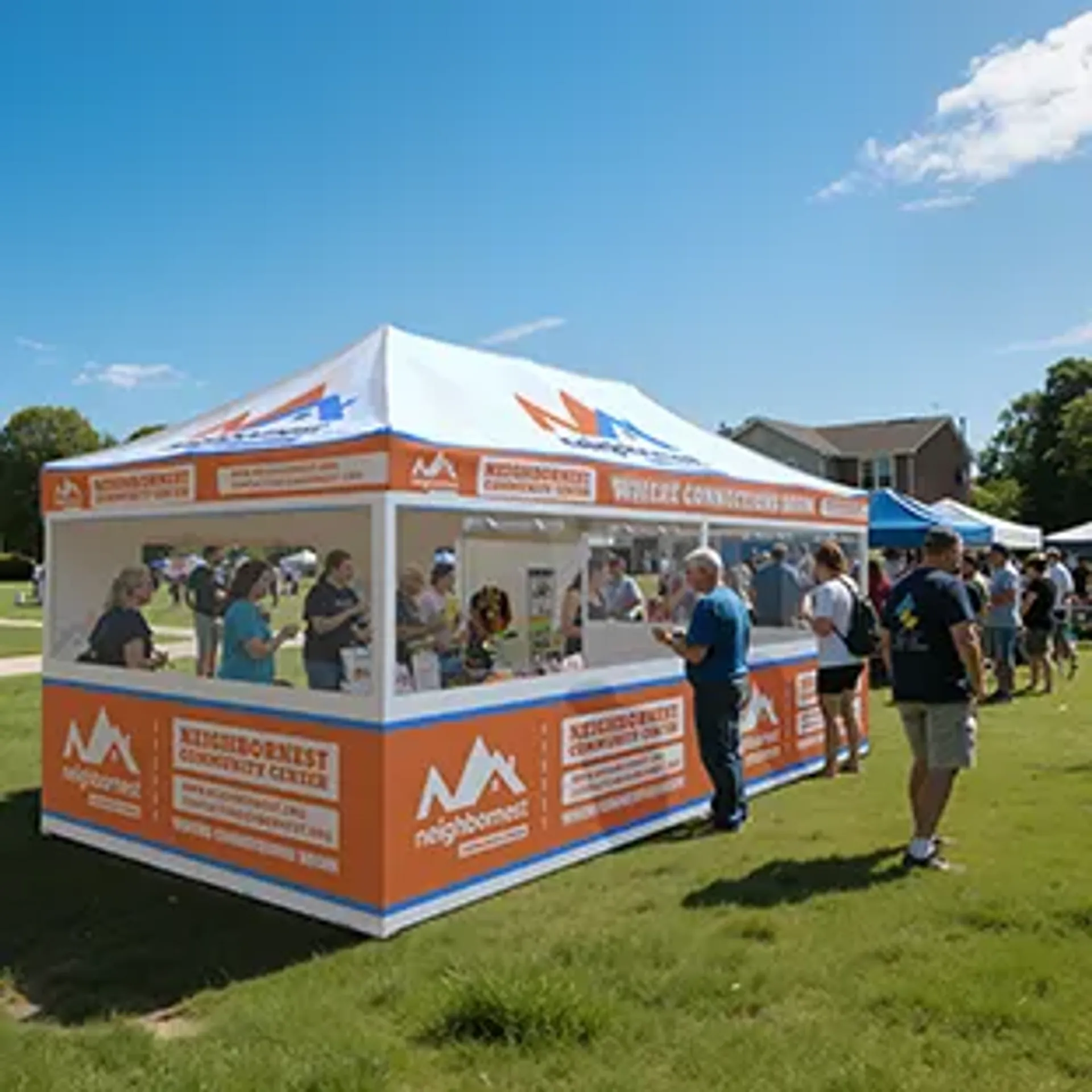 A bright orange and white custom event tent for the "NeighborNest Community Center" set up on a grassy field, featuring full branded side panels and acting as an outdoor promotional booth.