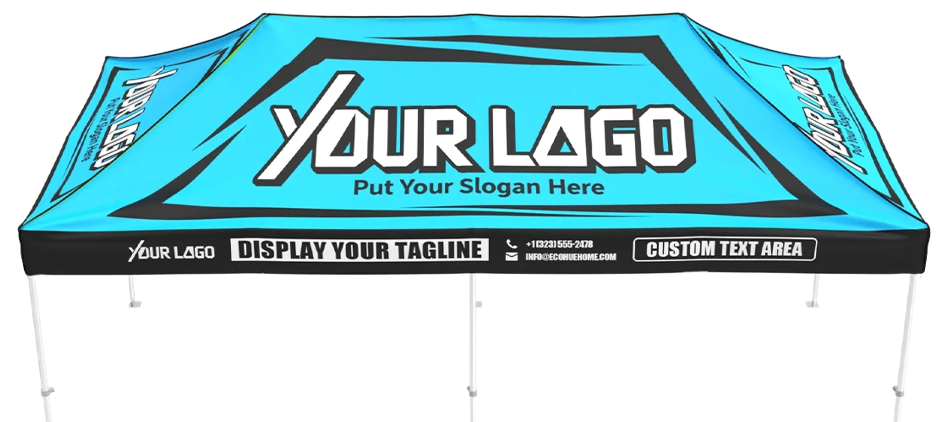 Custom Folding Tent Top View: Displaying Brand Logo, Slogan, and Information