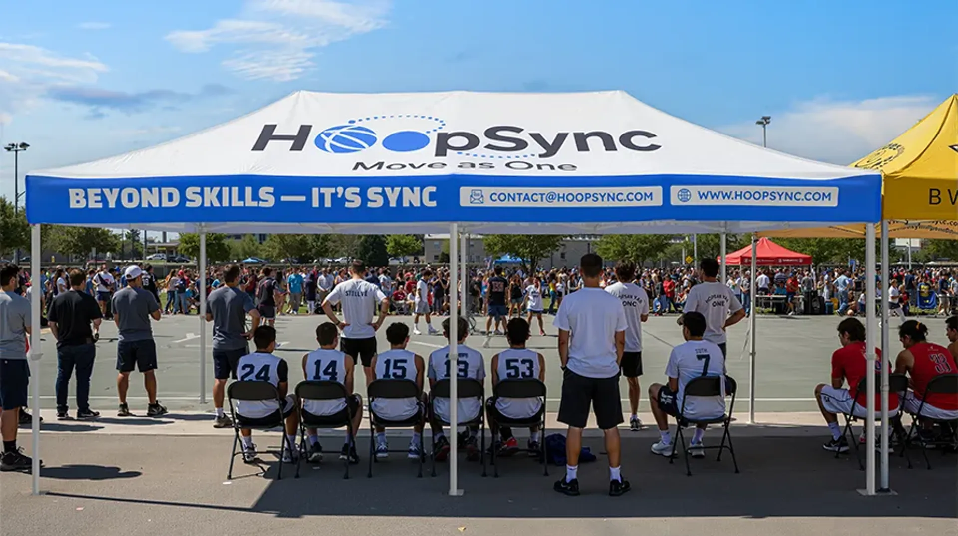 A large custom sports event tent with "HoopSync" branding, providing shade for basketball players sitting on the sidelines of an outdoor streetball tournament.