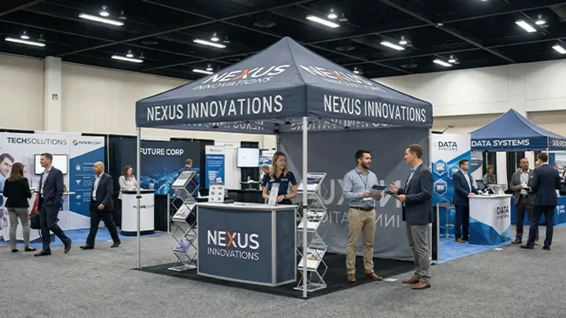 A navy blue custom trade show booth tent for "Nexus Innovations" inside a large exhibition hall, featuring a promotional counter and corporate staff networking with attendees.
