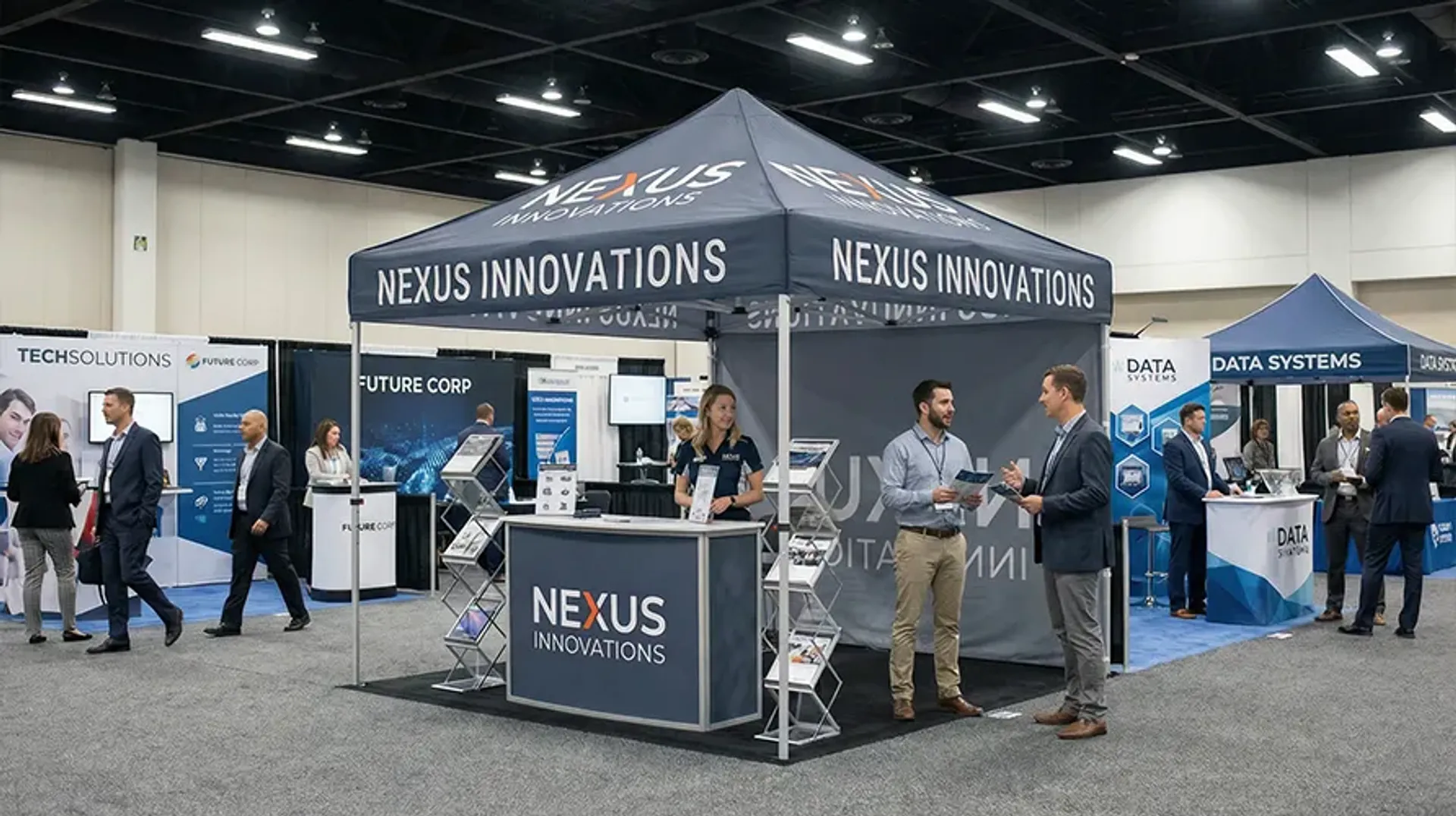 A navy blue custom trade show booth tent for "Nexus Innovations" inside a large exhibition hall, featuring a promotional counter and corporate staff networking with attendees.