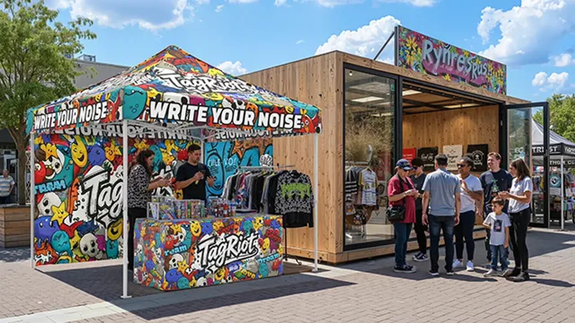 A fully printed custom pop-up tent featuring vibrant graffiti graphics for the "TagRiot" brand, operating as an outdoor streetwear merchandise booth next to a wooden pop-up shop.