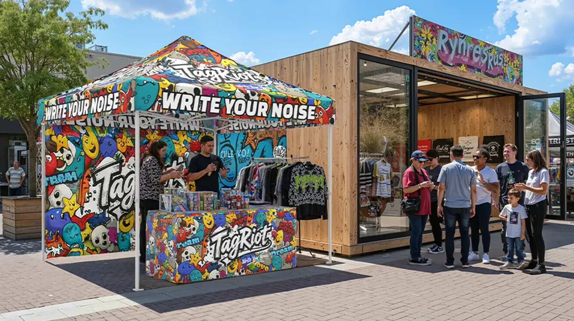 A fully printed custom pop-up tent featuring vibrant graffiti graphics for the "TagRiot" brand, operating as an outdoor streetwear merchandise booth next to a wooden pop-up shop.
