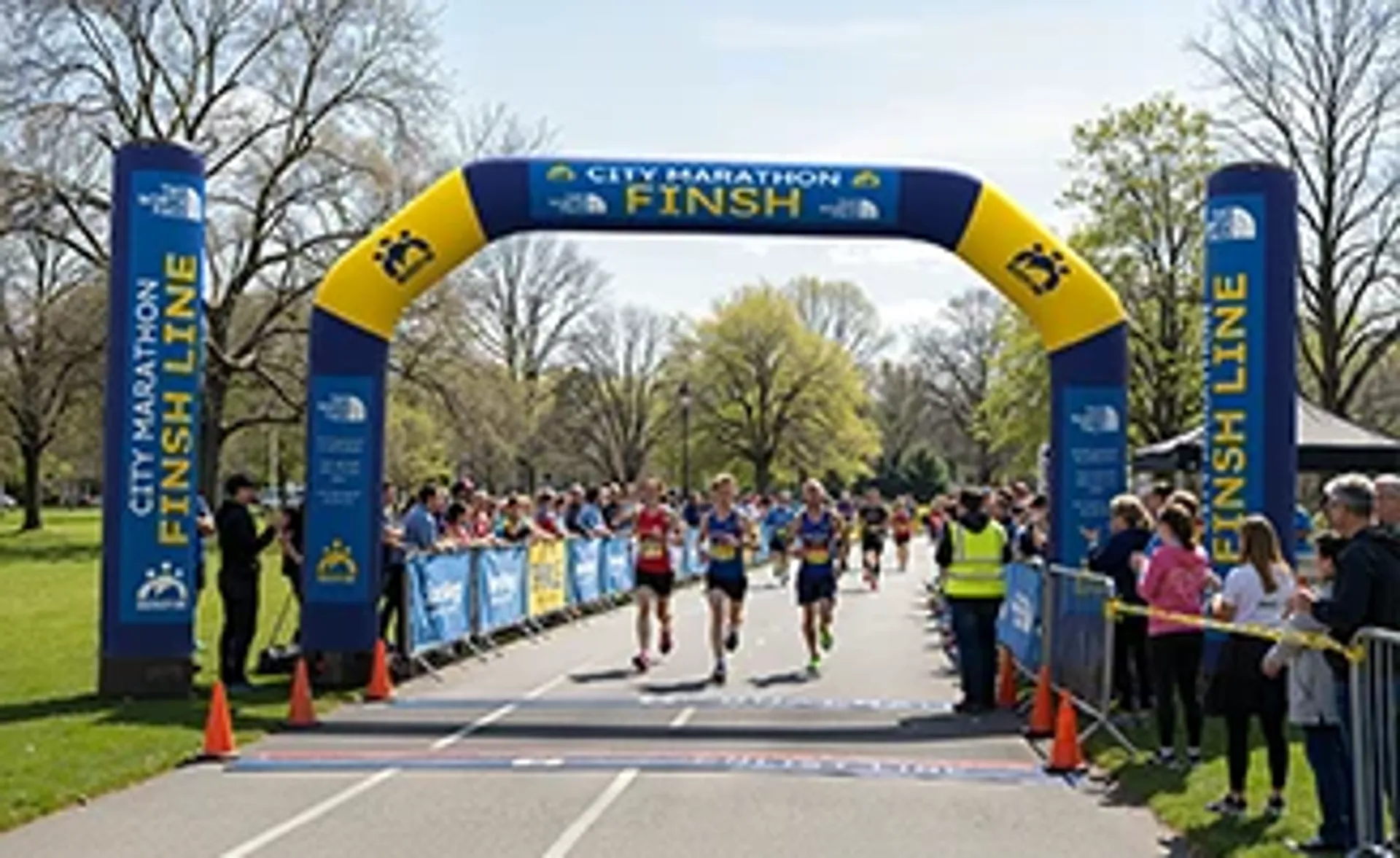 Custom inflatable finish line archway in blue and yellow used for an outdoor city marathon running event