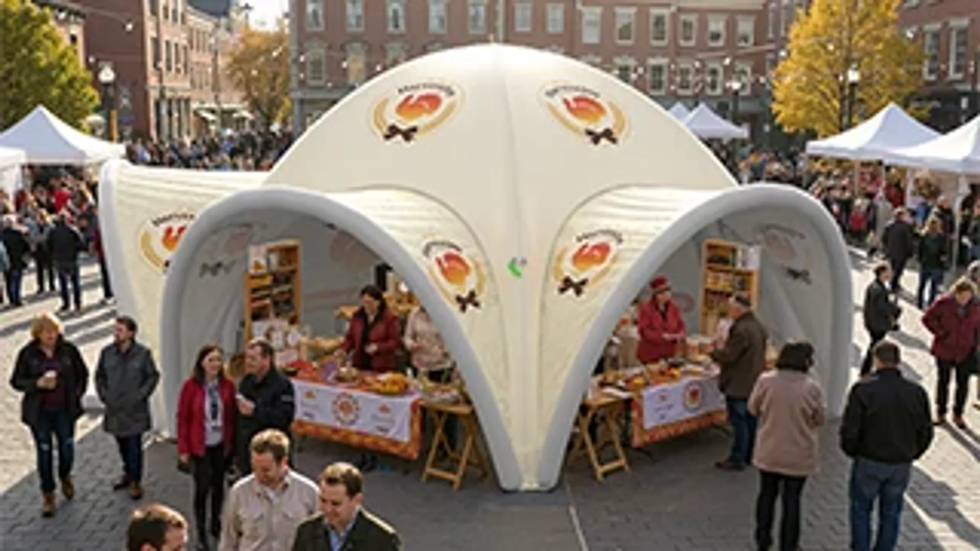 Large multi-leg custom inflatable canopy tent serving as a branded food vendor stall at a busy outdoor city festival