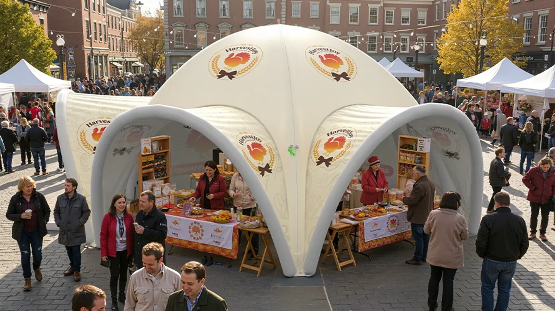 Large multi-leg custom inflatable canopy tent serving as a branded food vendor stall at a busy outdoor city festival