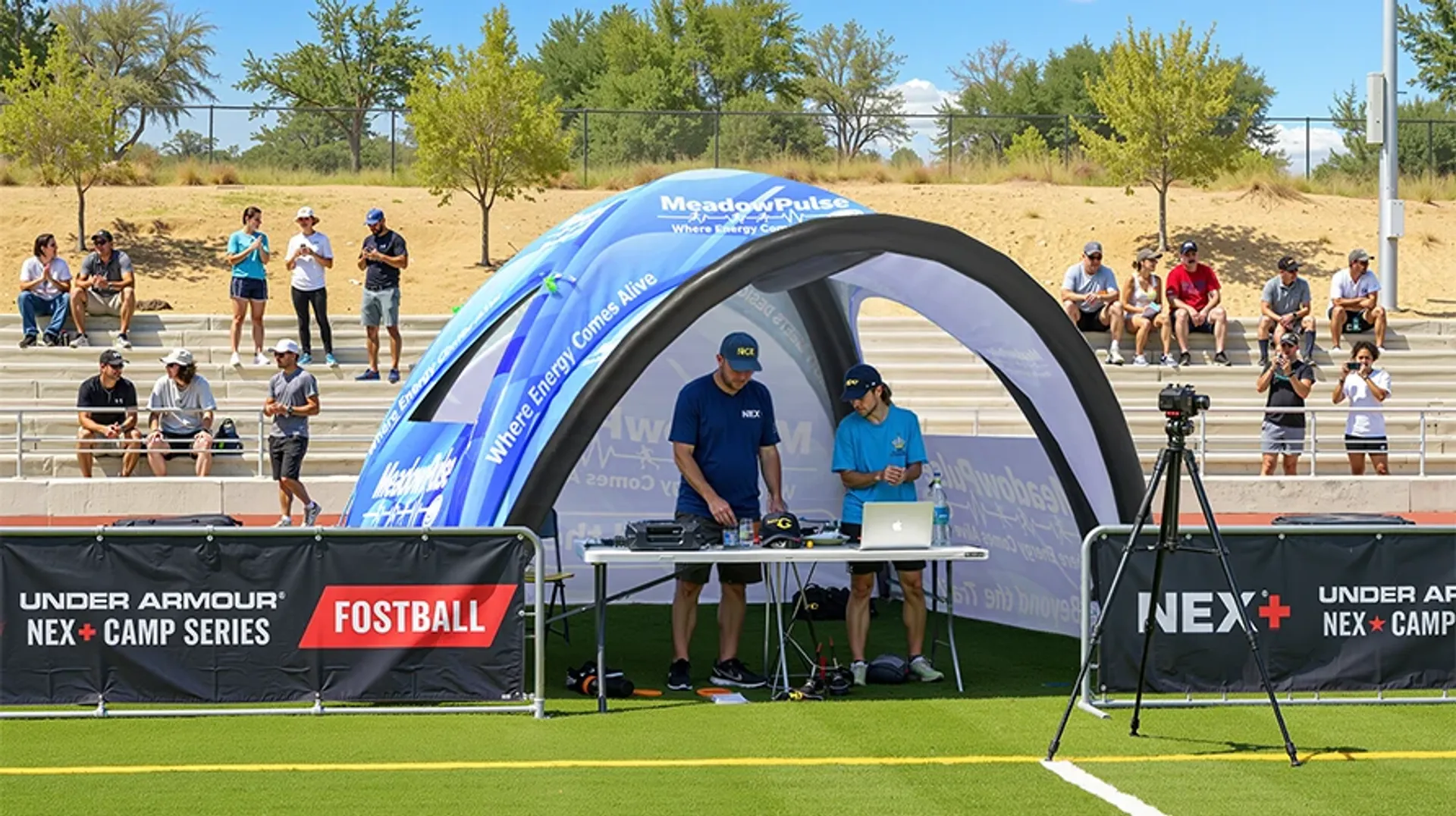 Custom inflatable sports tent providing shade for a media and timing station at an outdoor athletic training camp