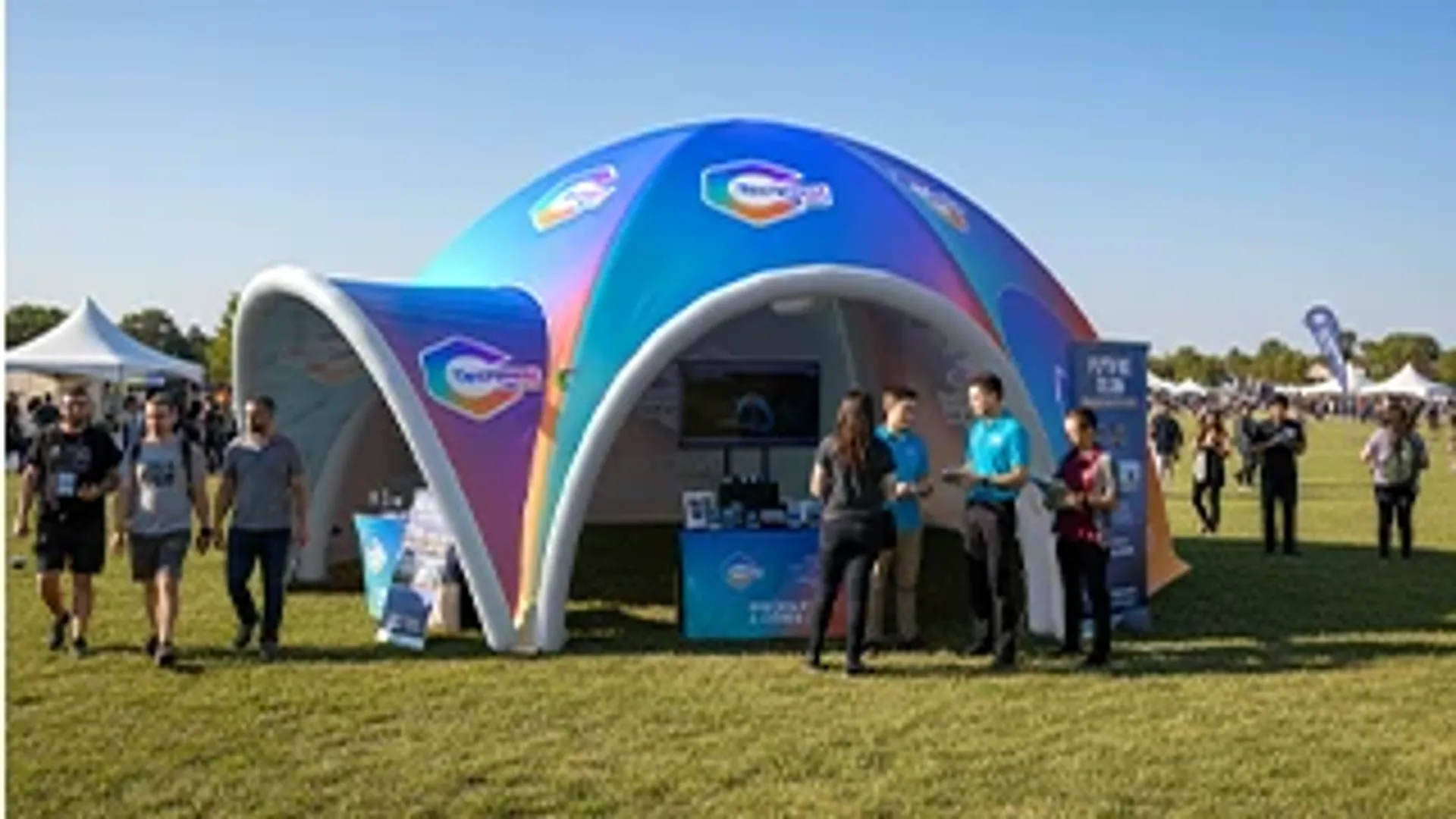Vibrant custom inflatable exhibition dome set up as a technology showcase booth at a large outdoor grassy expo