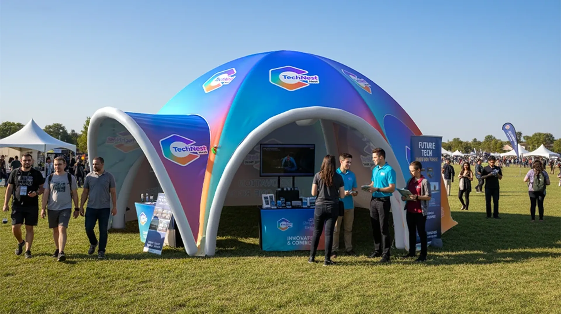 Vibrant custom inflatable exhibition dome set up as a technology showcase booth at a large outdoor grassy expo