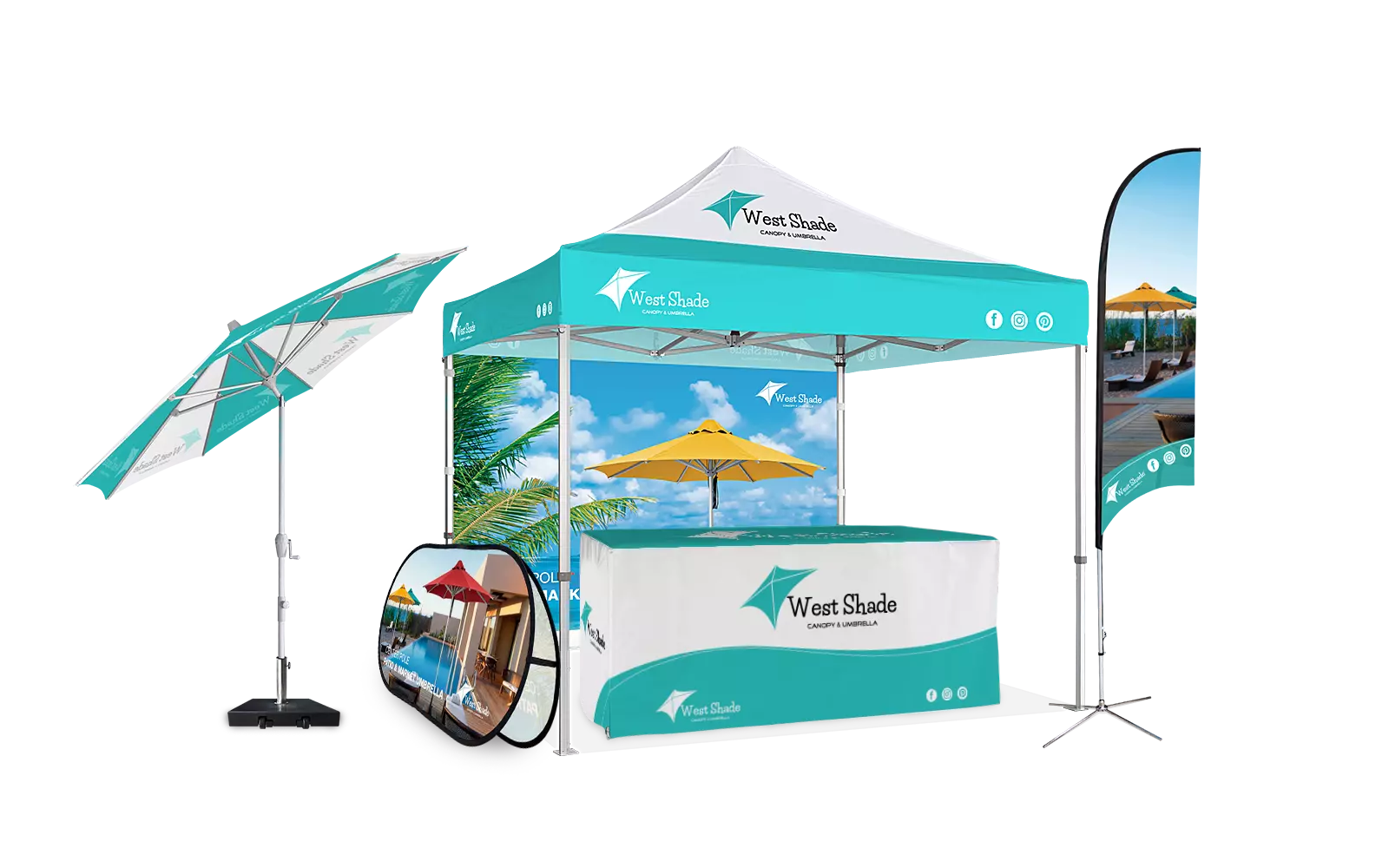 Westshade custom printing canopy tent with full sidwall, table cover, pop up banner, patio umbrella, and flag.