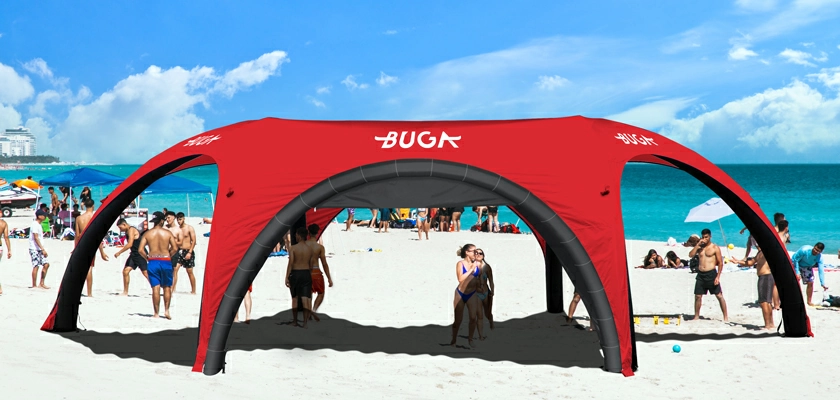custom red hexagonal inflatable tent in the beach