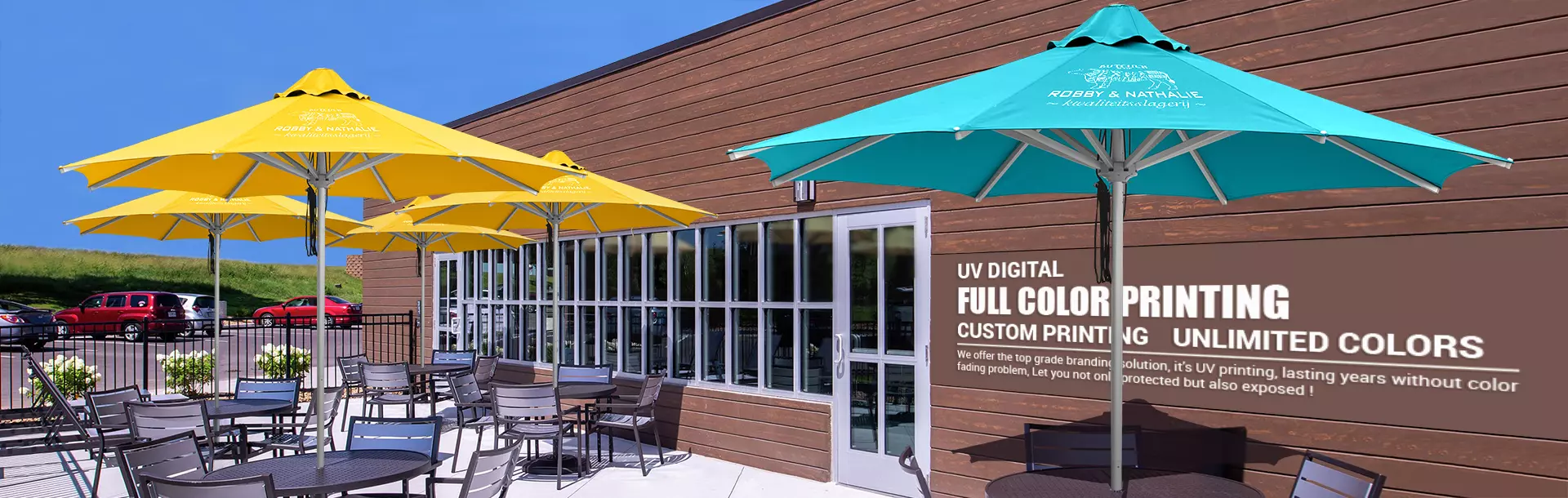 Custom Printing Umbrella at the door of a restaurant or cafe