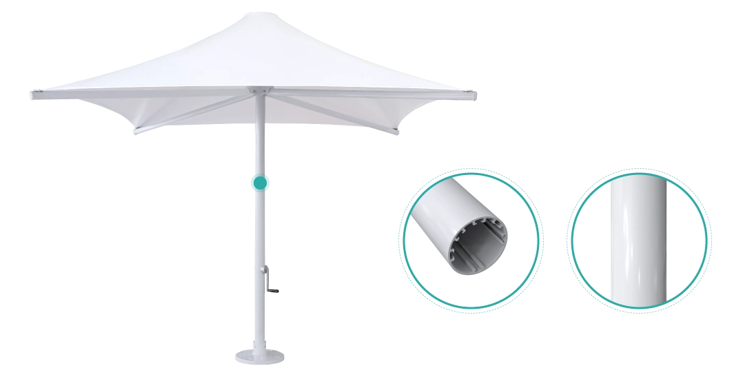 White Catalina Oversize Umbrella detailing of marine grade aluminum pole