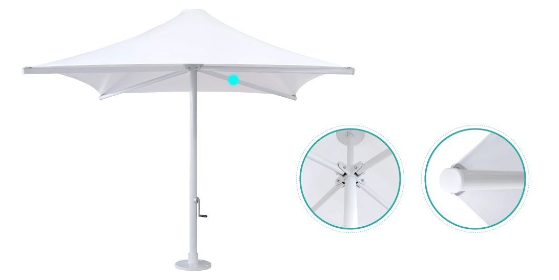 White Catalina Oversize Umbrella detailing of marine grade aluminum ribs