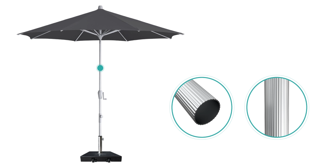 Black Kapri Tilt Umbrella detailing of 1.5" thick high grade aluminum pole