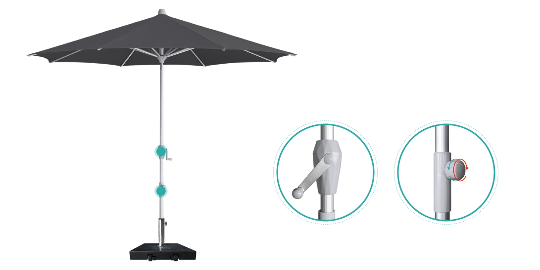 Black Kapri Tilt Umbrella detailing of crank opening and tilt system