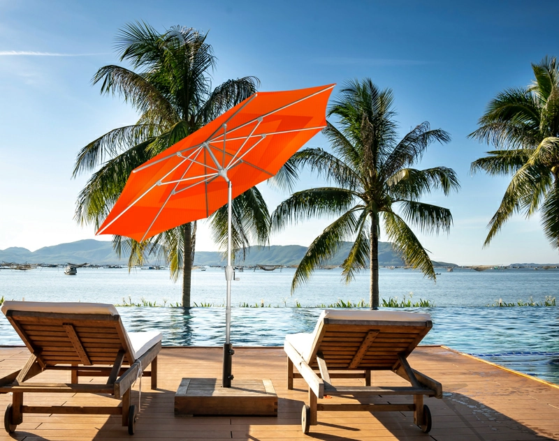 Custom red patio umbrellas for beach